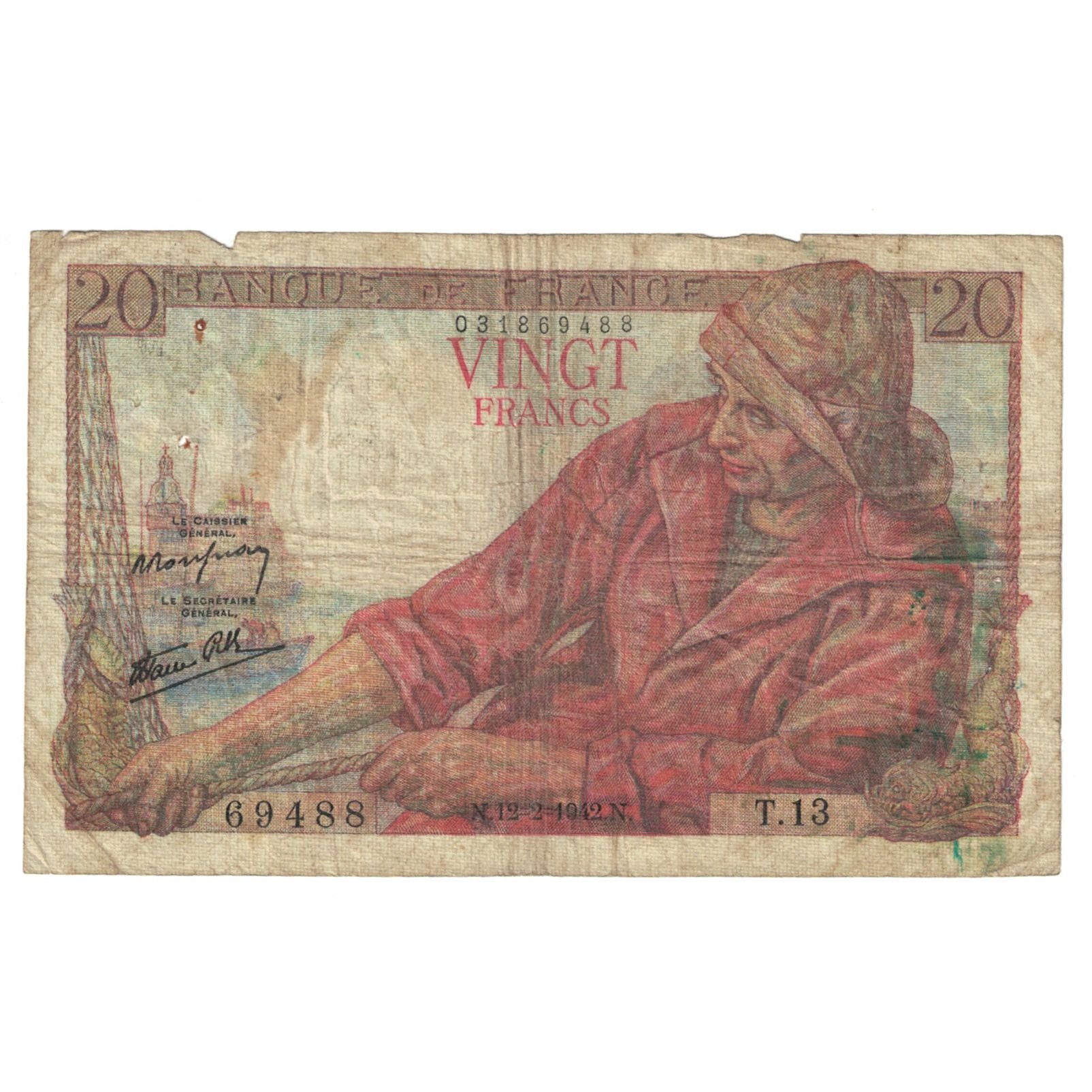 França, 20 Francs, Pêcheur, 1942, T.13, F(12-15), Fayette:13.1, KM:100a