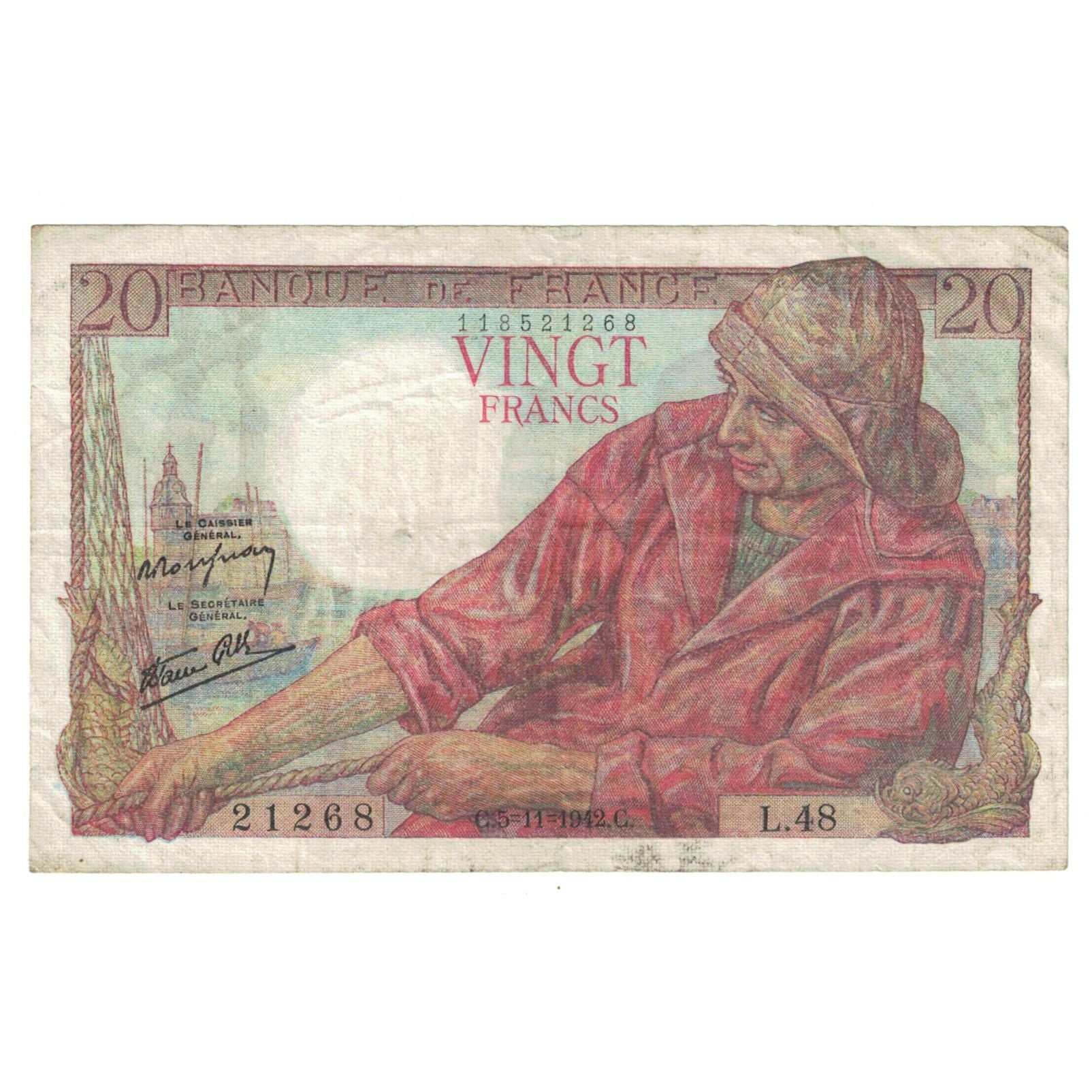 France, 20 Francs, Pêcheur, 1942, L.48, EF(40-45), Fayette:13.4, KM:100a