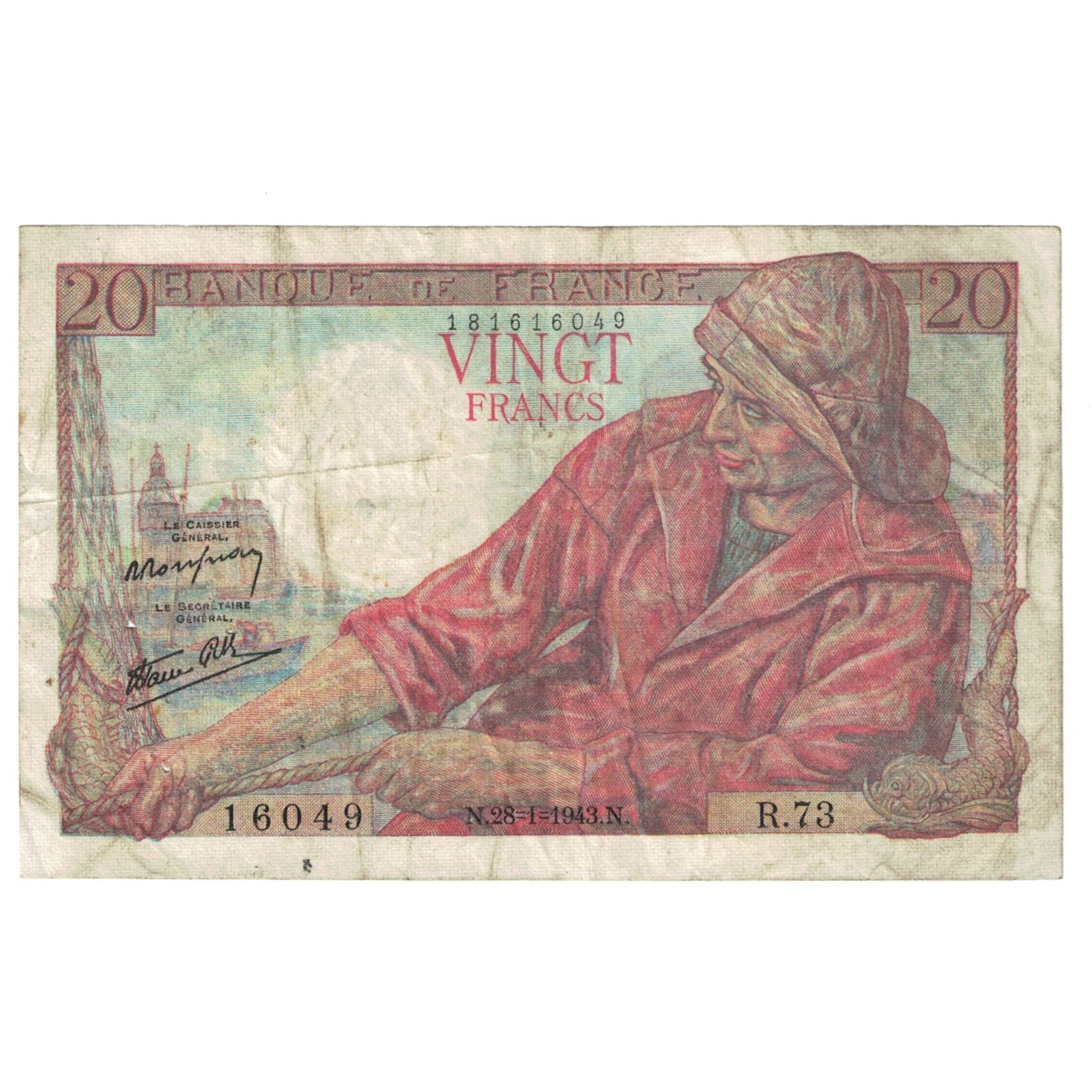France, 20 Francs, Pêcheur, 1943, R.73, VF(30-35), Fayette:13.5, KM:100a