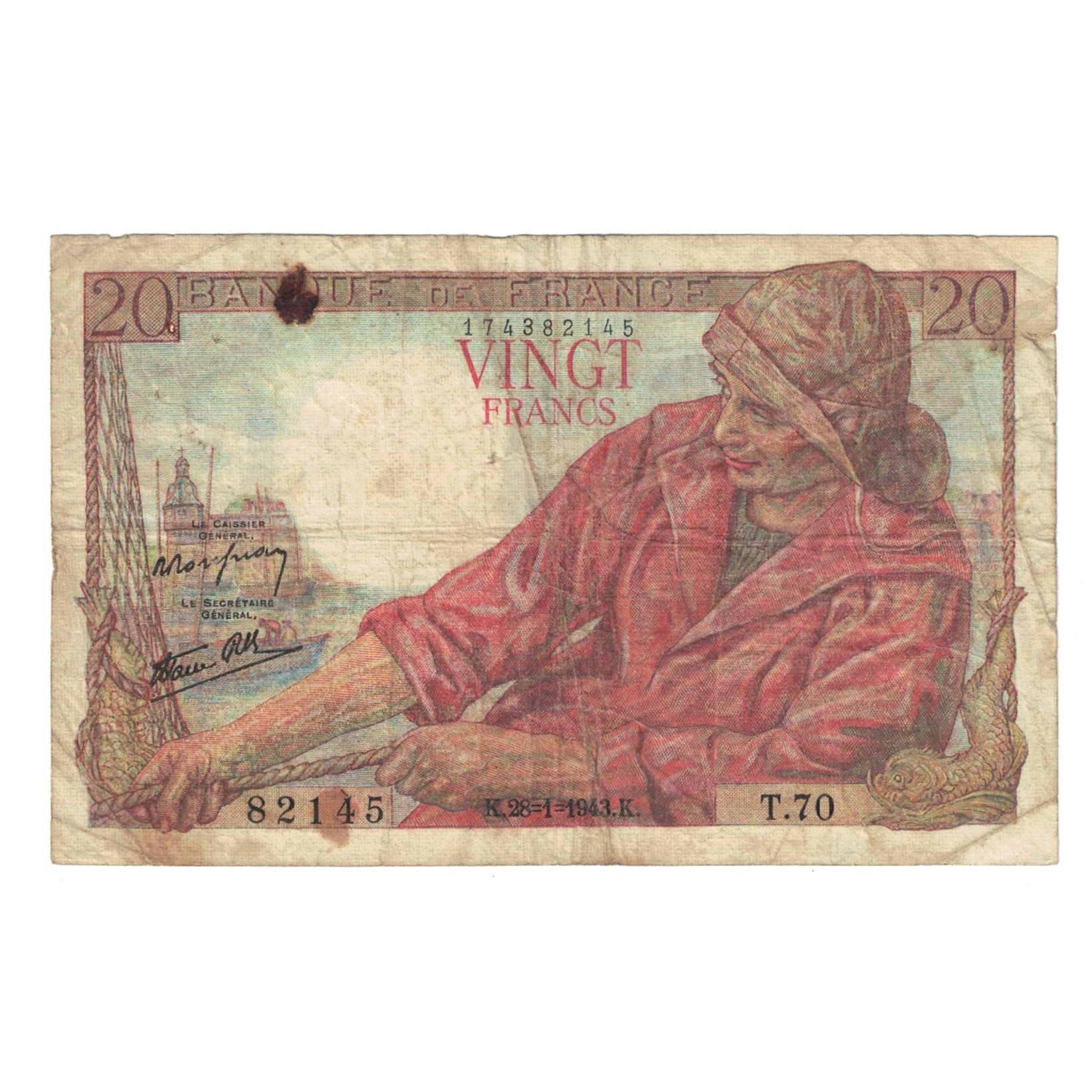 France, 20 Francs, Pêcheur, 1943, T.70, B+, Fayette:13.5, KM:100a