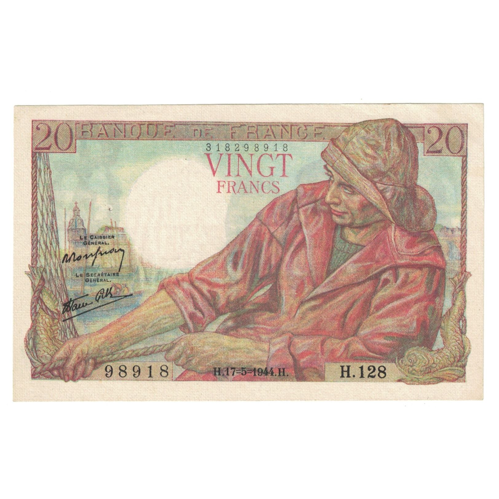 France, 20 Francs, Pêcheur, 1944, H.128, UNC(64), Fayette:13.9, KM:100a