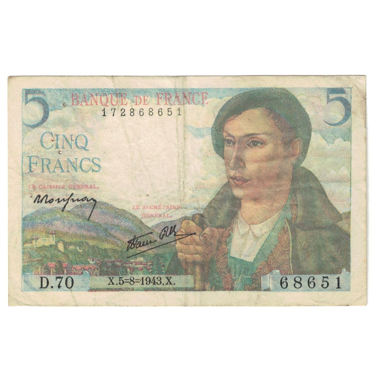 France, 5 Francs, Berger, 1943, D.70, EF(40-45), Fayette:05.3, KM:98a