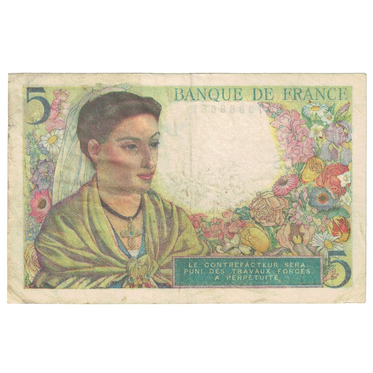 France, 5 Francs, Berger, 1943, D.70, EF(40-45), Fayette:05.3, KM:98a