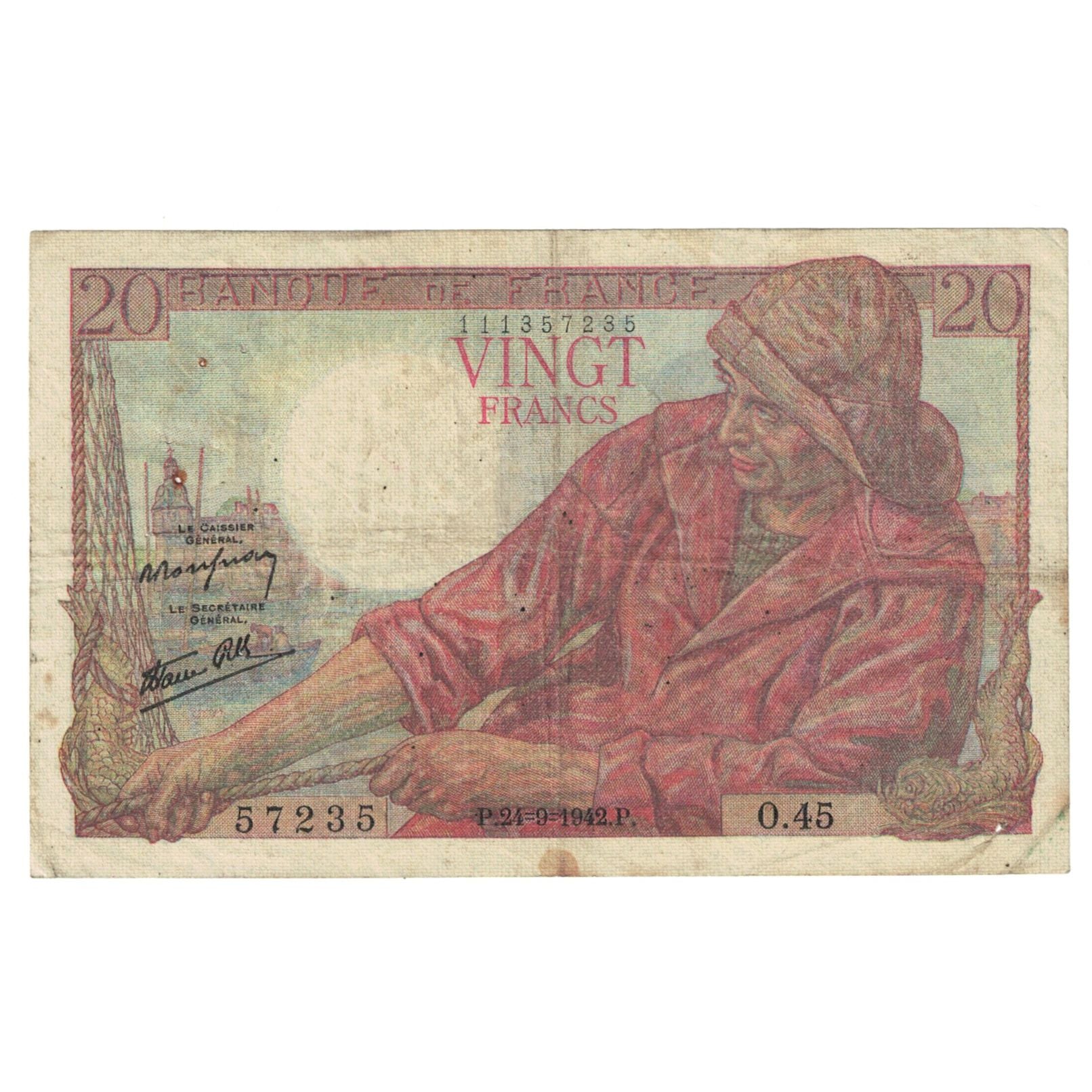 Frankreich, 20 Francs, Pêcheur, 1942, O.45, S, Fayette:13.3, KM:100a
