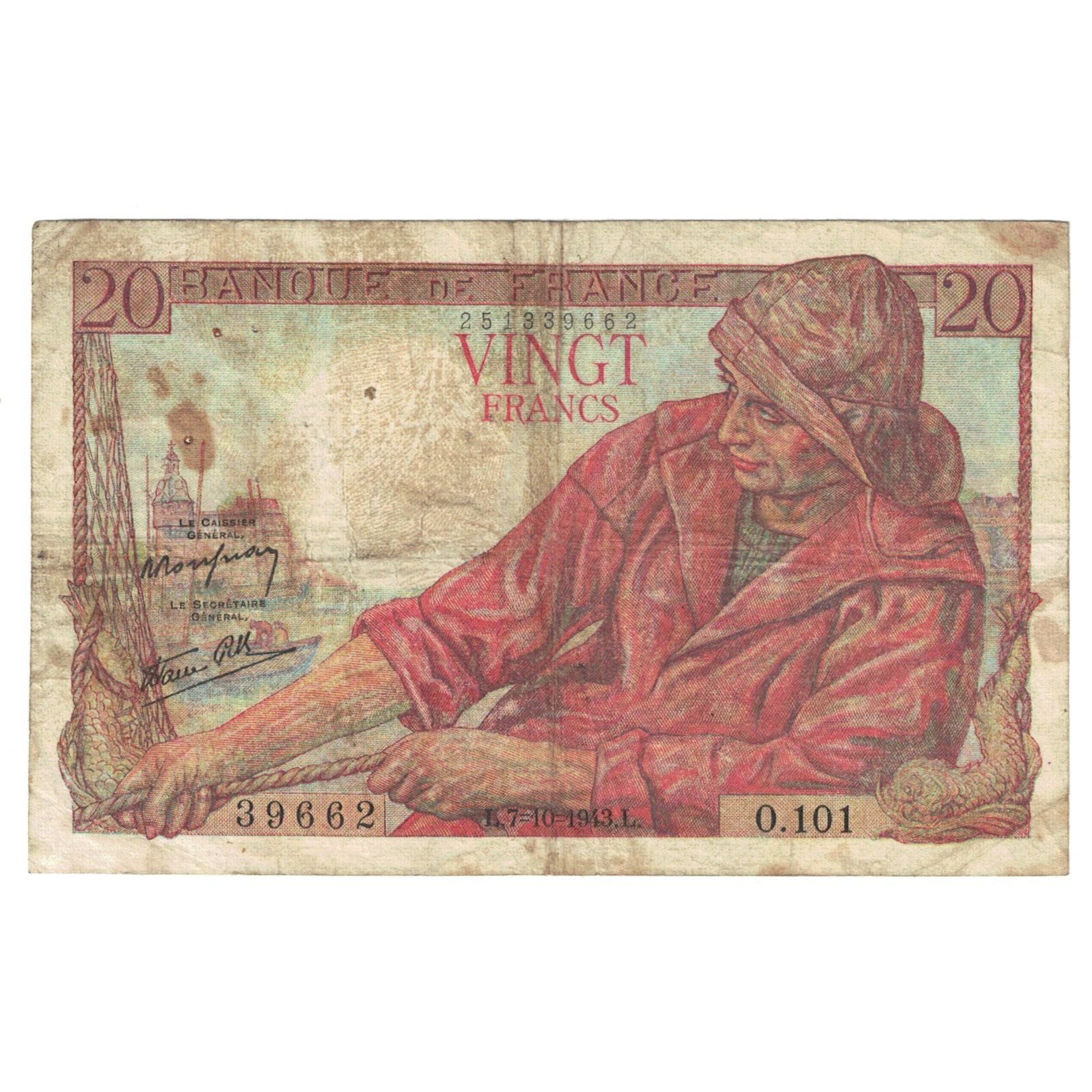 Frankreich, 20 Francs, Pêcheur, 1943, O.101, S, Fayette:13.7, KM:100a