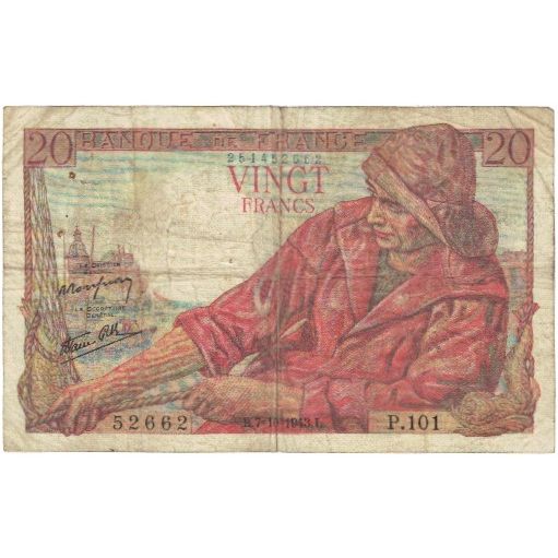 Frankreich, 20 Francs, Pêcheur, 1943, P.101, S+, Fayette:13.7, KM:100a