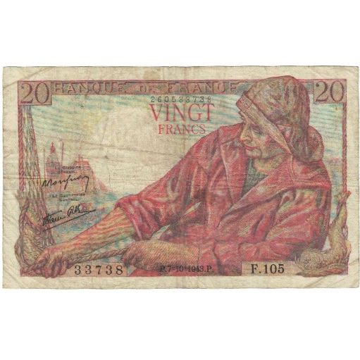 Frankrijk, 20 Francs, Pêcheur, 1943, F.105, TB+, Fayette:13.7, KM:100a