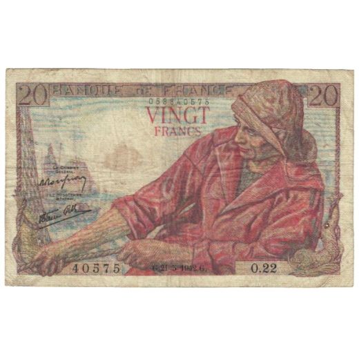 Frankreich, 20 Francs, Pêcheur, 1942, O.22, SS, Fayette:13.2, KM:100a
