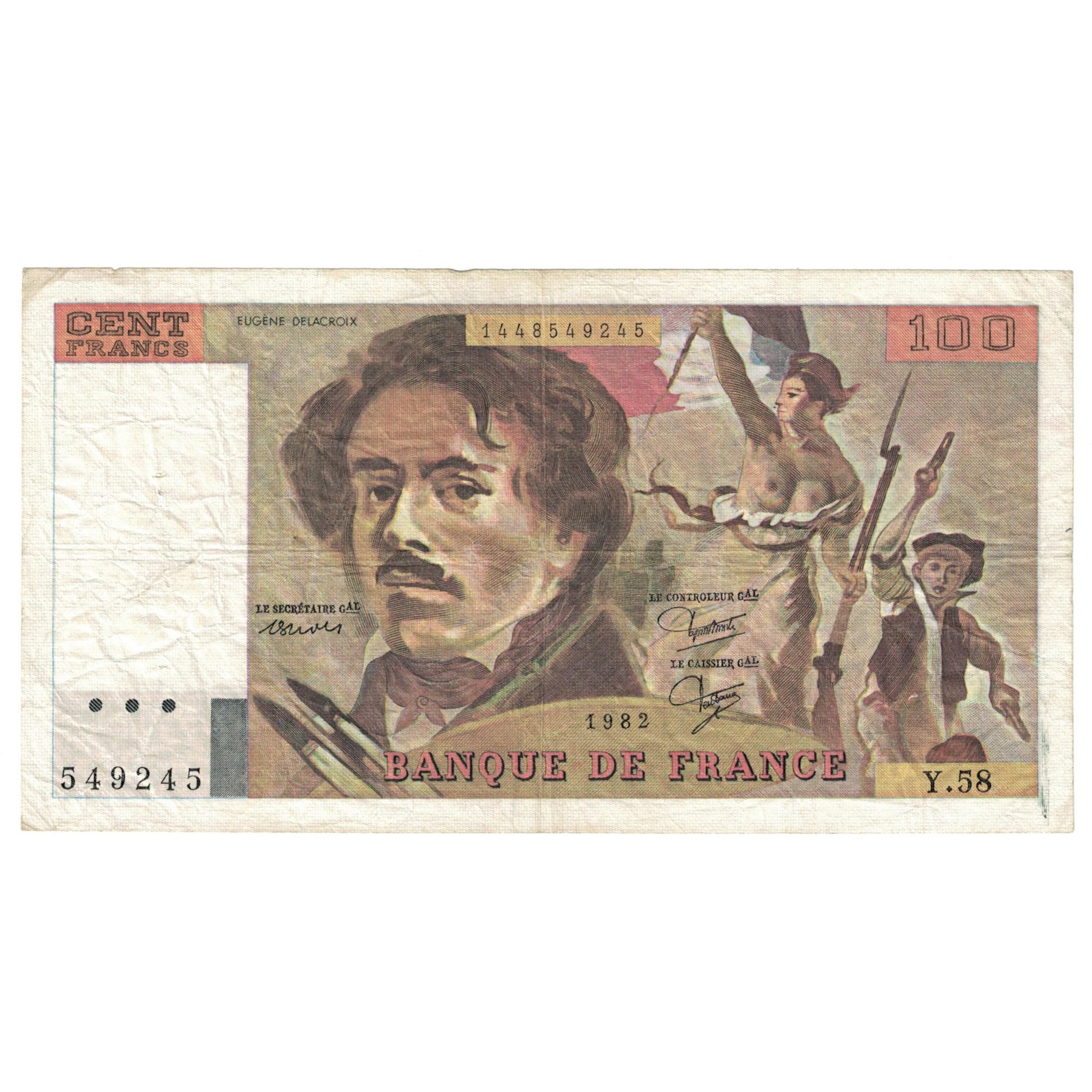 França, 100 Francs, Delacroix, 1982, Y.58, AU(50-53), Fayette:69.6, KM:154b