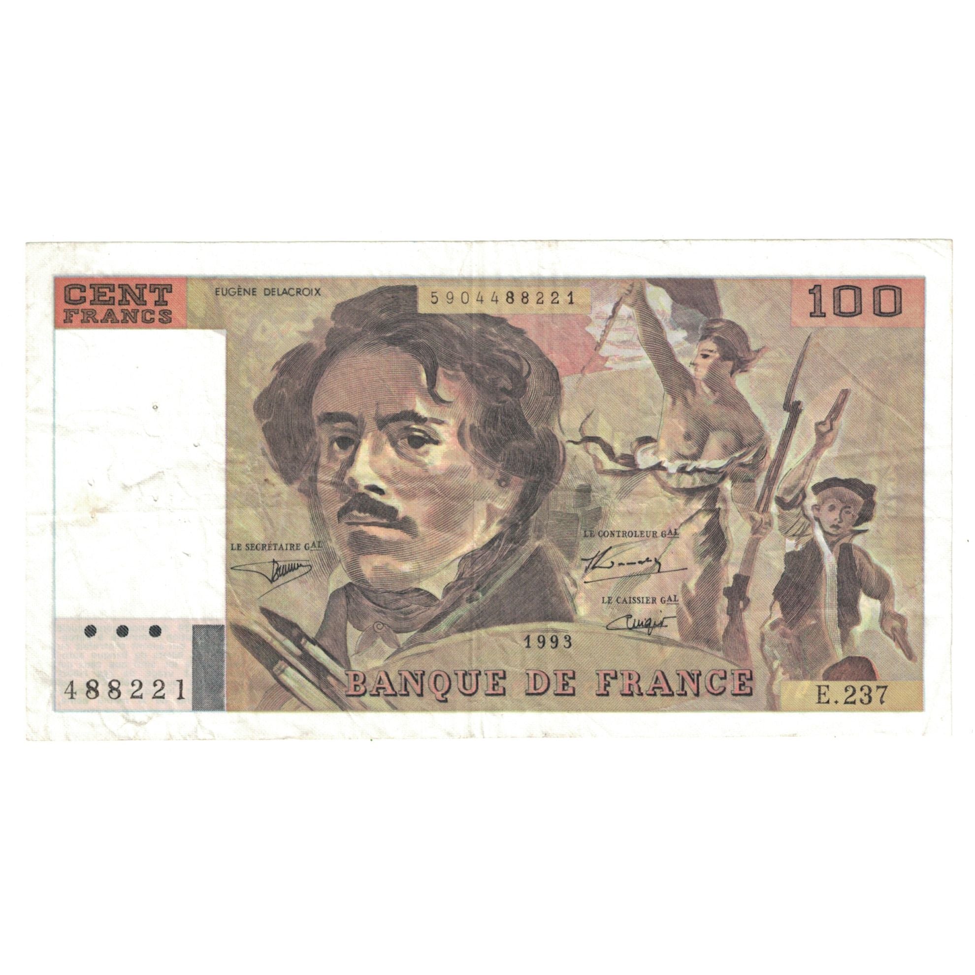 France, 100 Francs, Delacroix, 1993, E.237, AU(50-53), Fayette:69bis.08, KM:154g