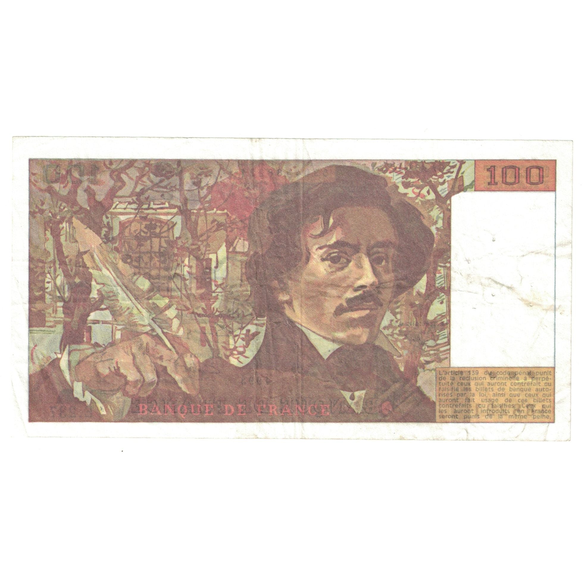 France, 100 Francs, Delacroix, 1993, E.237, AU(50-53), Fayette:69bis.08, KM:154g