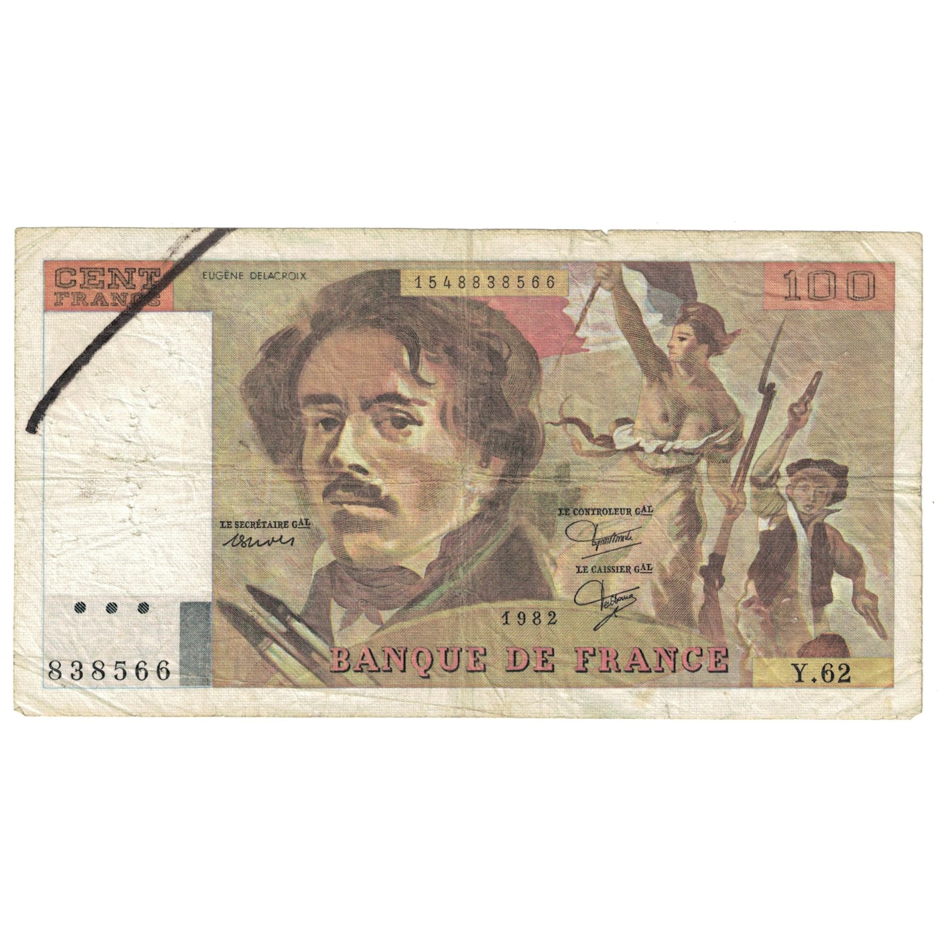 France, 100 Francs, Delacroix, 1982, Y.62, VG(8-10), Fayette:69.6, KM:154b