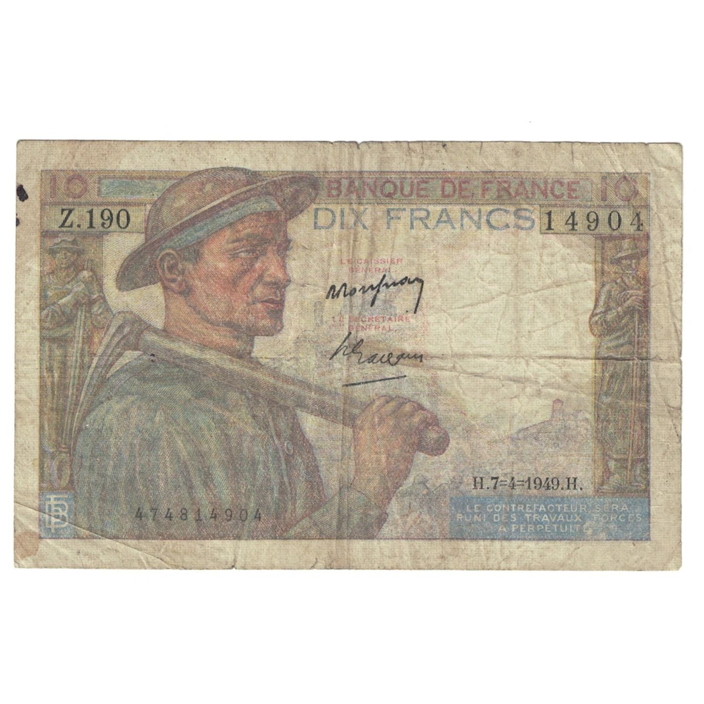 França, 10 Francs, Mineur, 1949, Z.190, F(12-15), Fayette:8.21, KM:99f