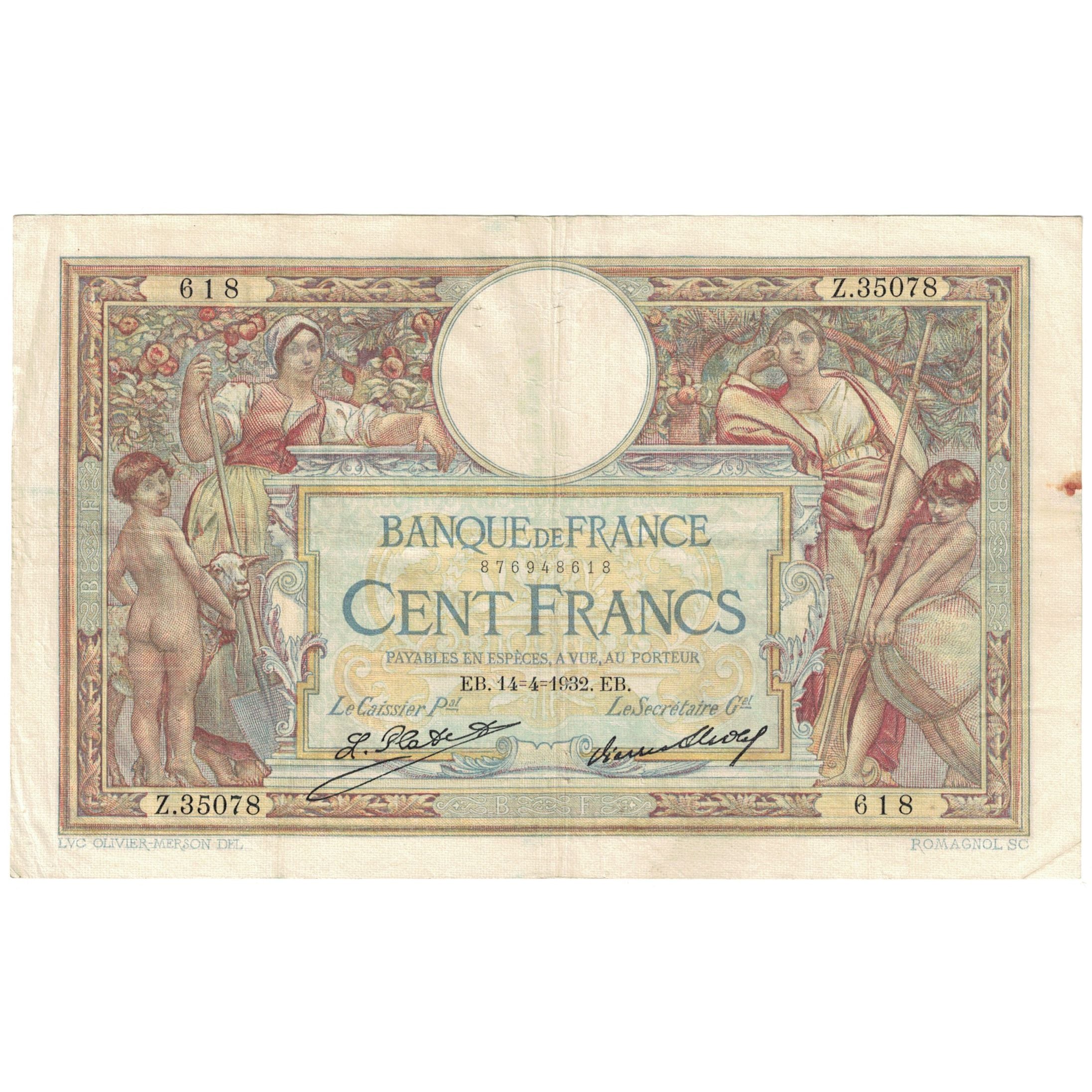 France, 100 Francs, Luc Olivier Merson, 1932, Z.35078, TB, Fayette:24.11, KM:78b