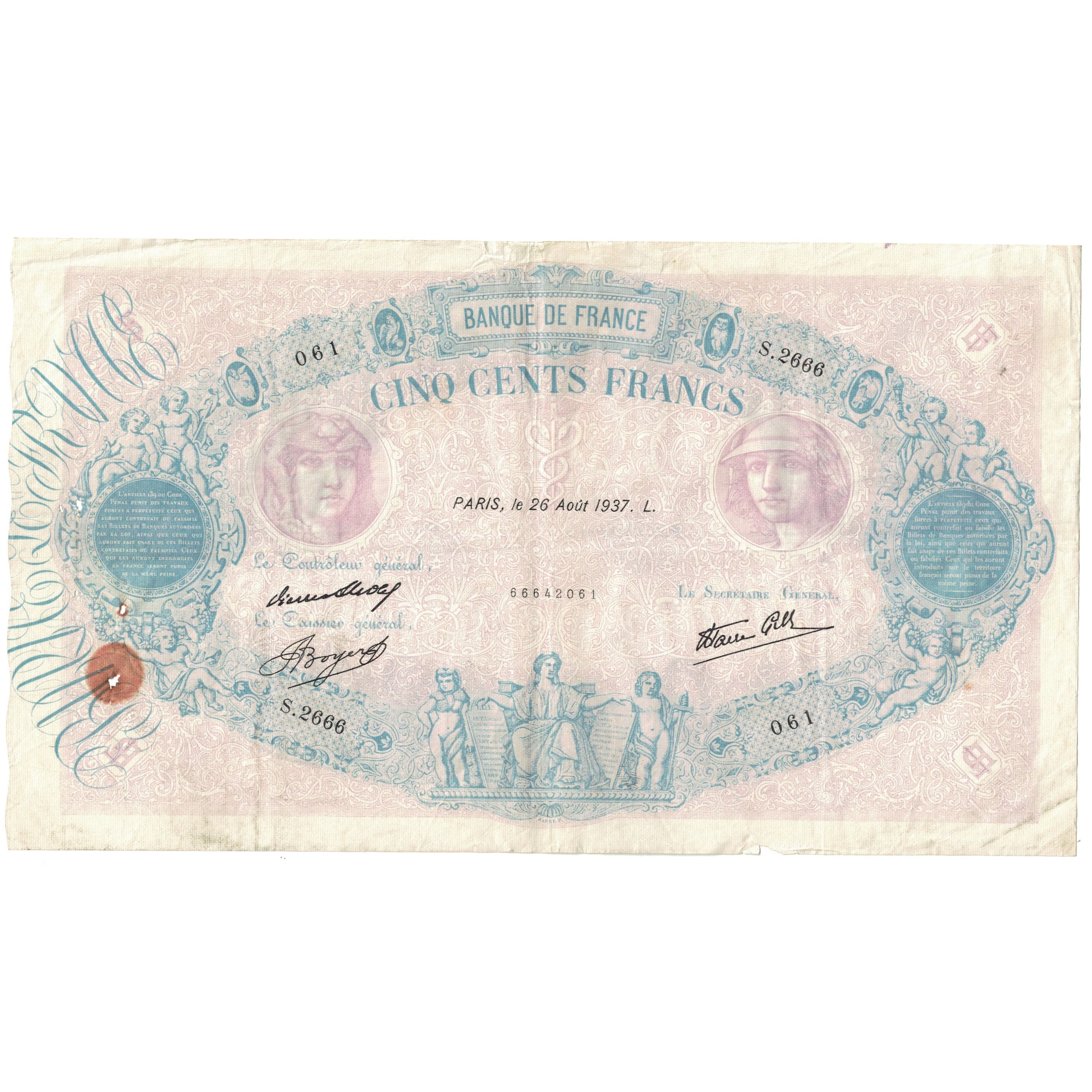 Francia, 500 Francs, Bleu et Rose, 1937, S.2666, BC, Fayette:31.2, KM:66m