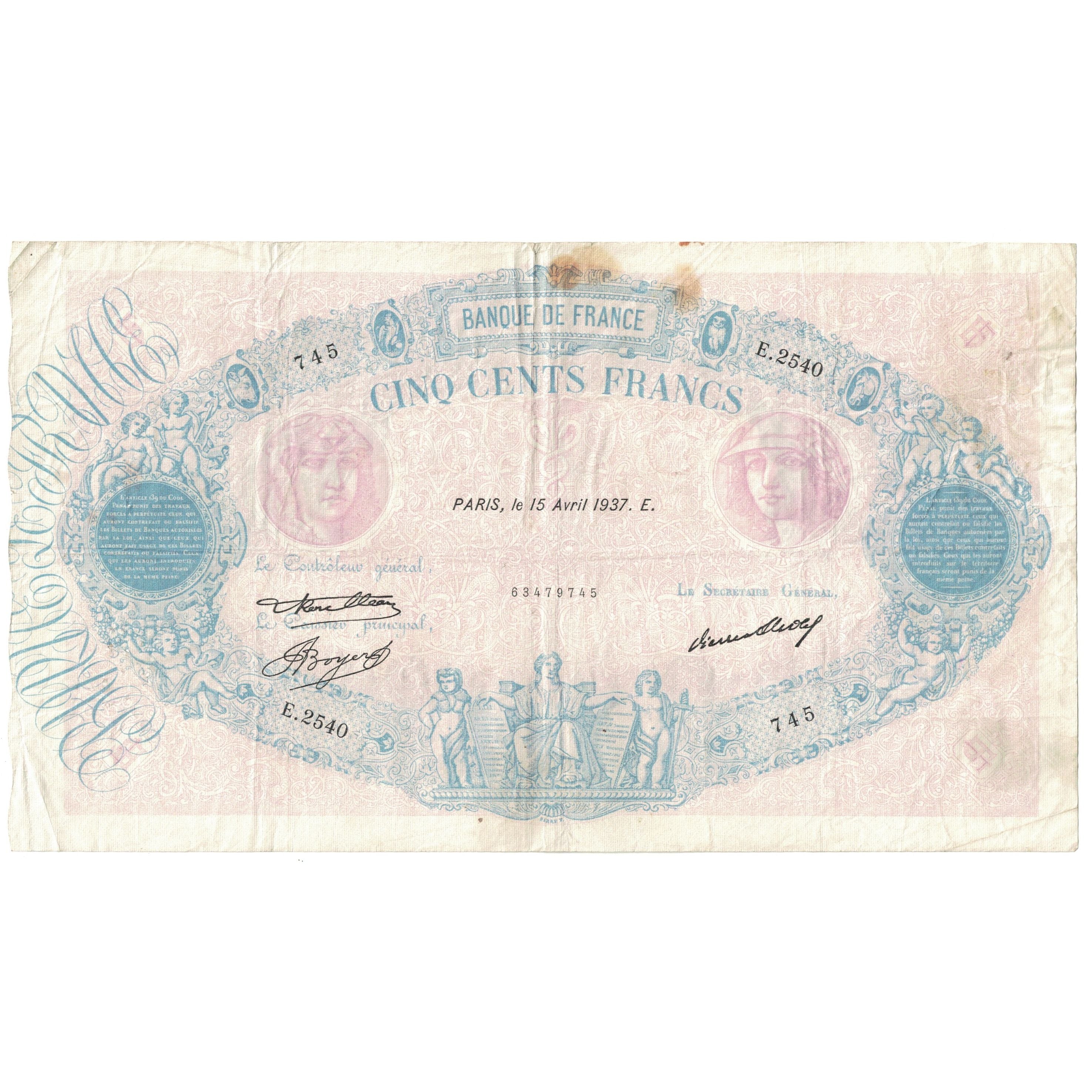 Francia, 500 Francs, Bleu et Rose, 1937, E.2540, MB+, Fayette:30.38, KM:66m