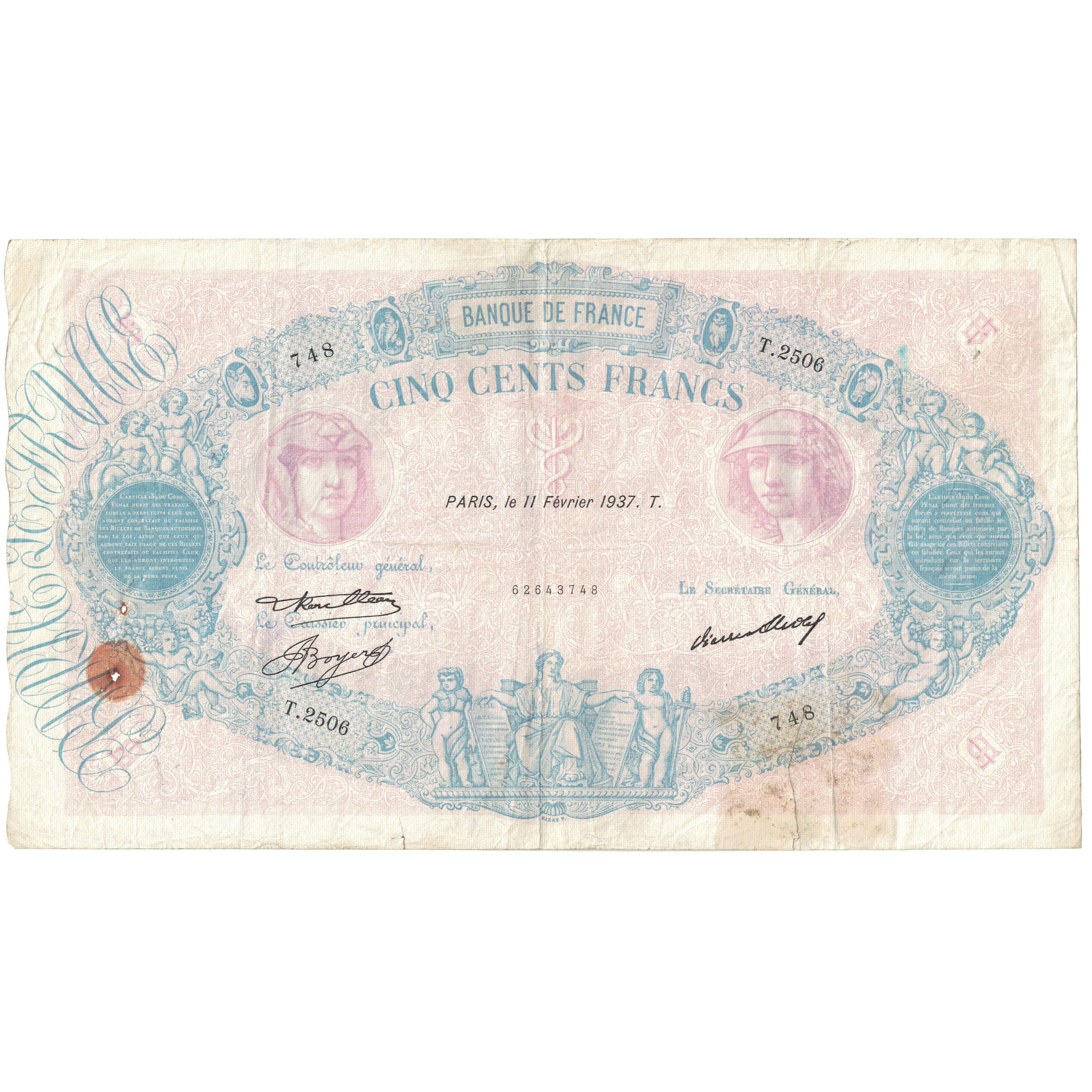 France, 500 Francs, Bleu et Rose, 1937, T.2506, VG(8-10), Fayette:30.38, KM:66m
