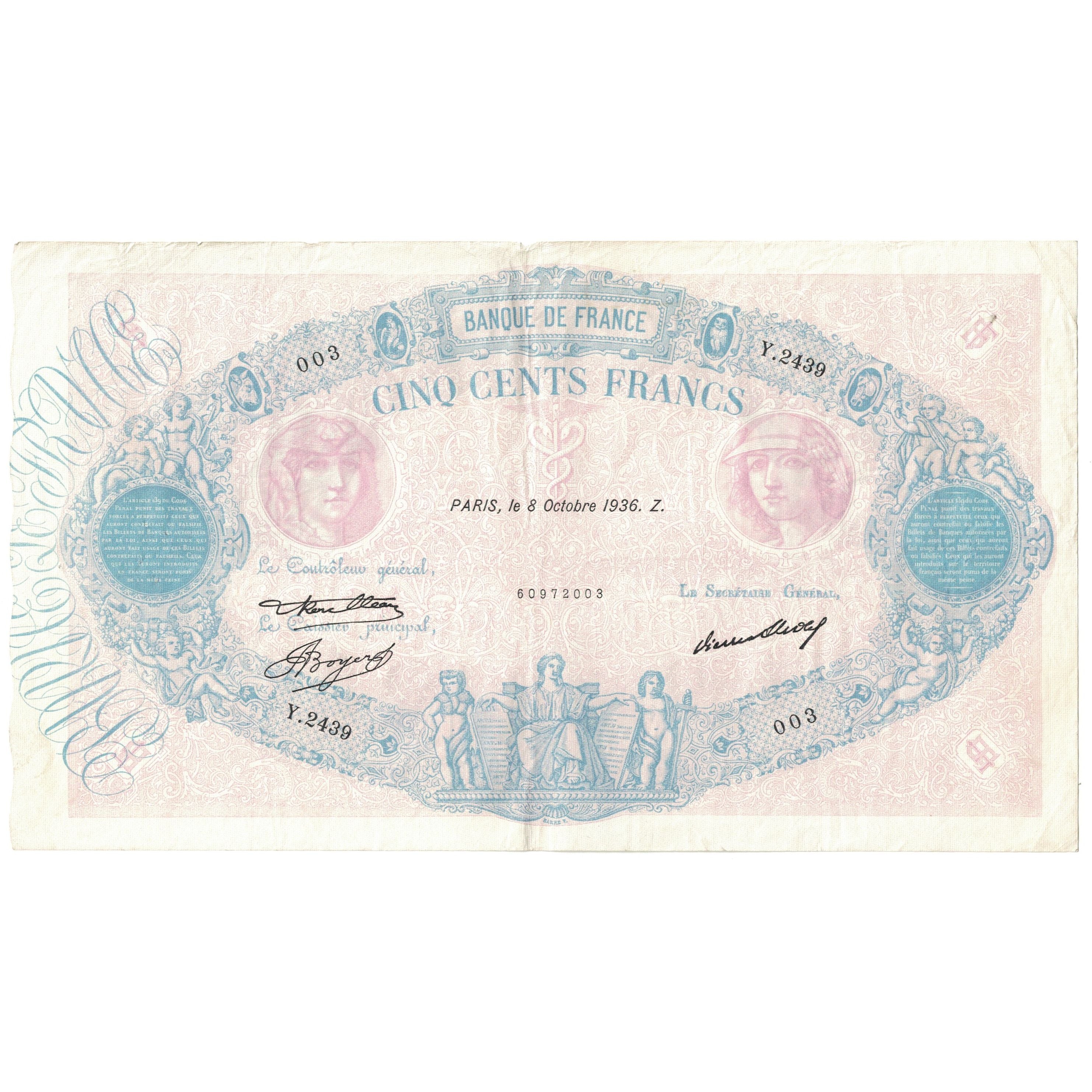 Francja, 500 Francs, Bleu et Rose, 1936, Y.2439, VF(30-35), Fayette:30.37