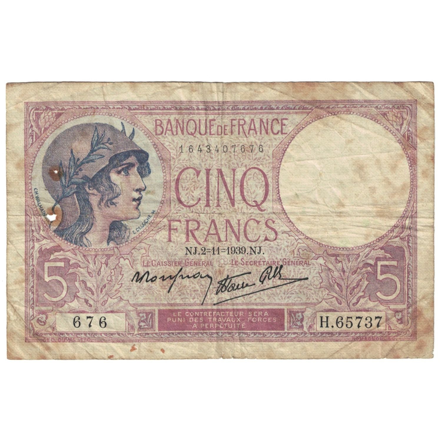 França, 5 Francs, Violet, 1939, H.65737, VF(20-25), Fayette:04.14, KM:83