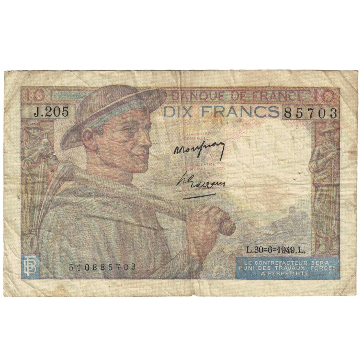France, 10 Francs, Mineur, 1949, J.205, VF(20-25), Fayette:8.22, KM:99f