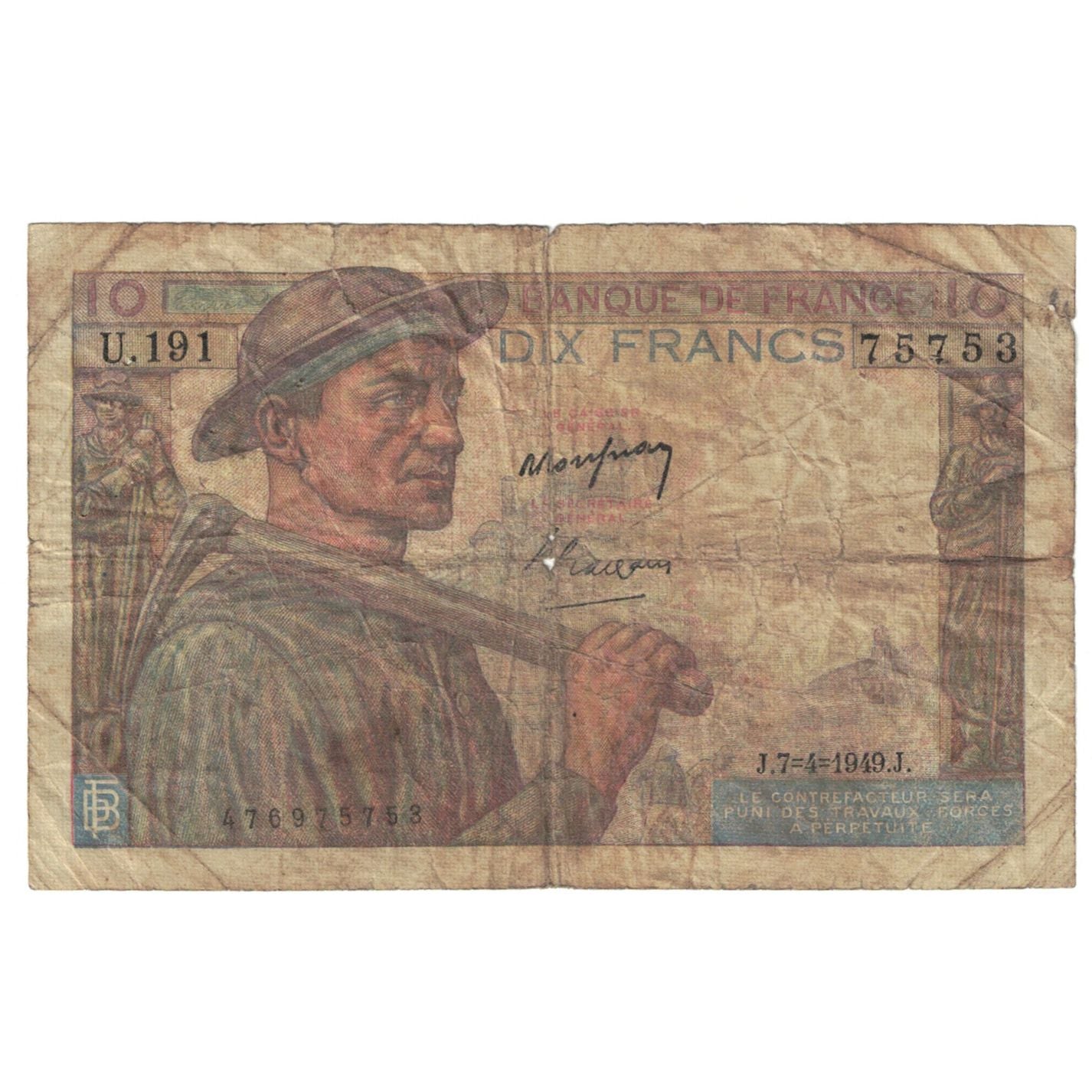 France, 10 Francs, Mineur, 1949, K.205, VF(20-25), Fayette:8.22, KM:99f