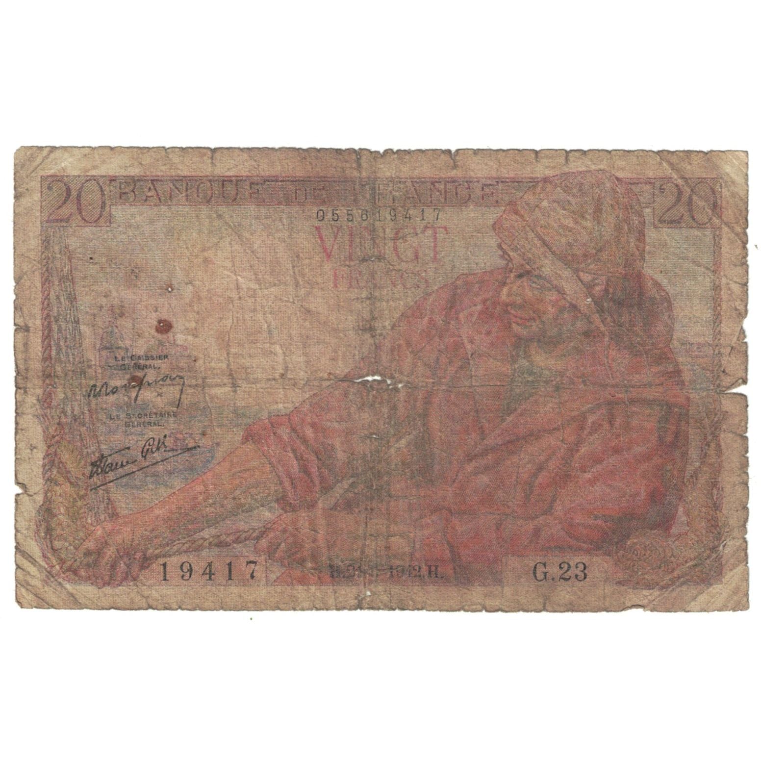 França, 20 Francs, Pêcheur, 1942, G.23, AG(1-3), Fayette:13.2, KM:100a