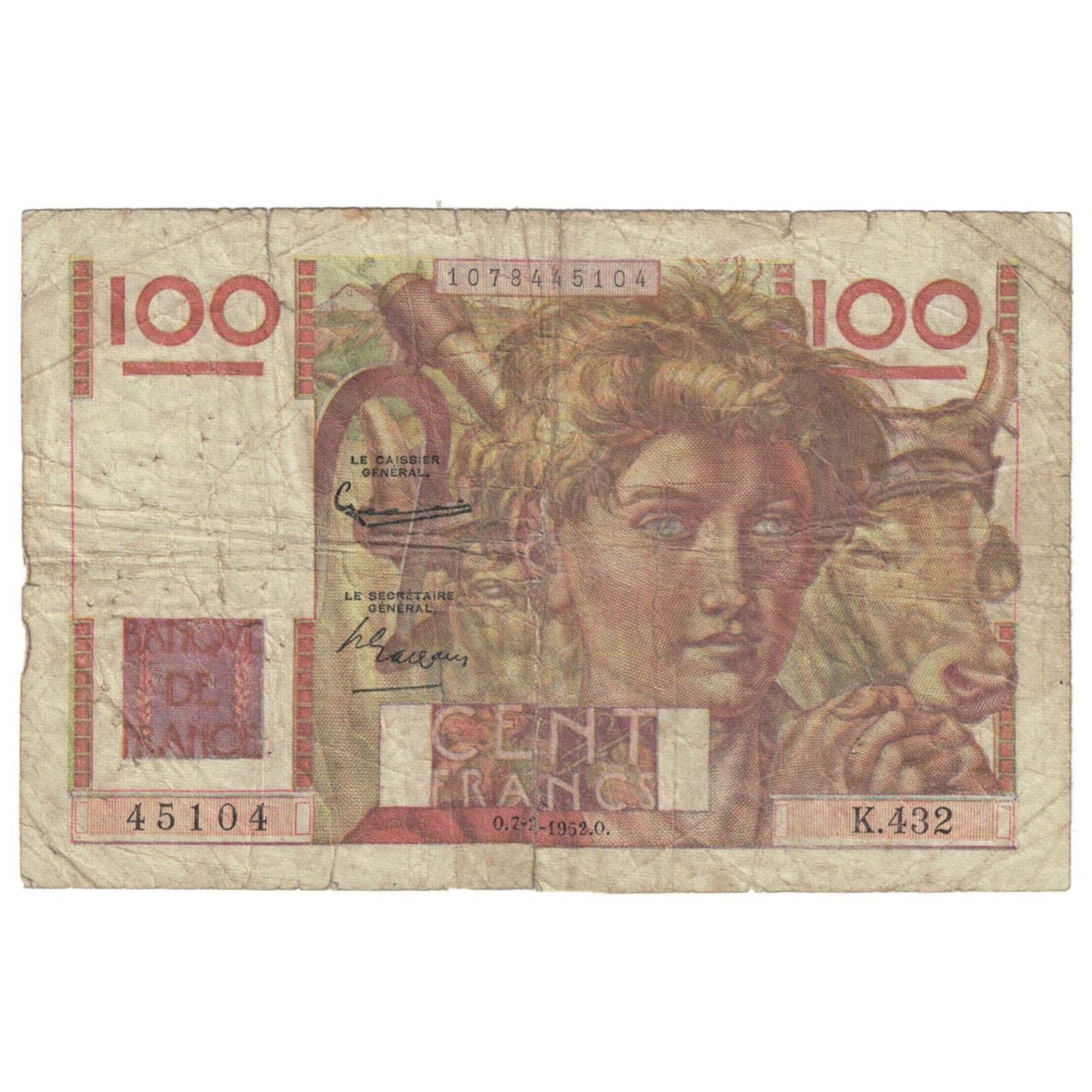 França, 100 Francs, Jeune Paysan, 1952, K.432, AG(1-3), Fayette:28.31, KM:128d