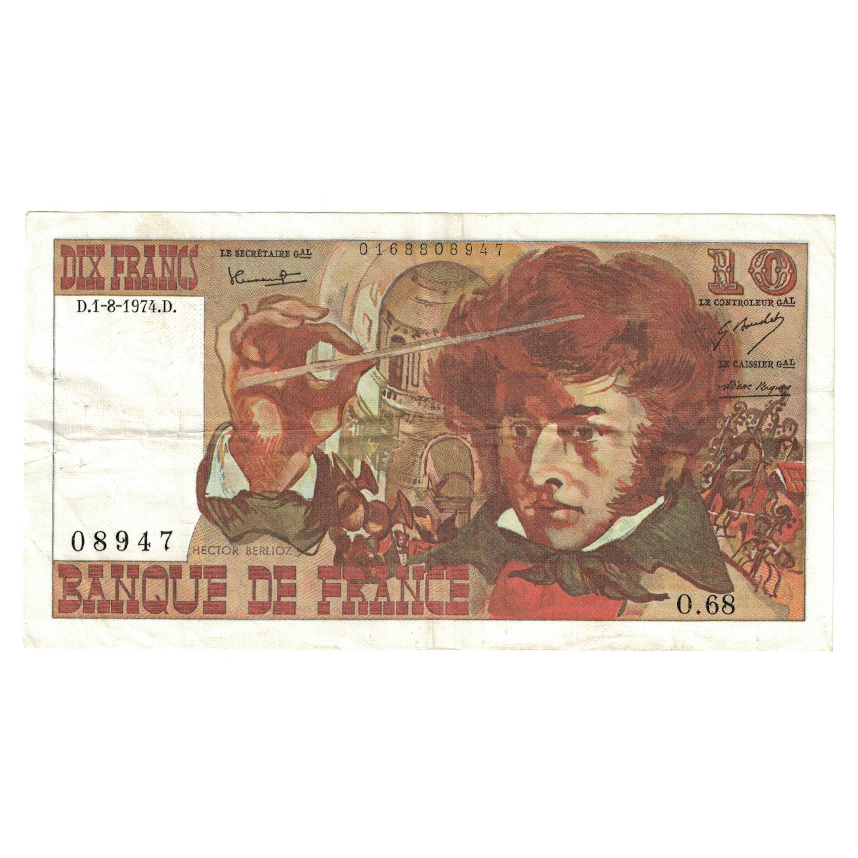 França, 10 Francs, Berlioz, 1974, O.68, AU(50-53), Fayette:F63.06, KM:150a