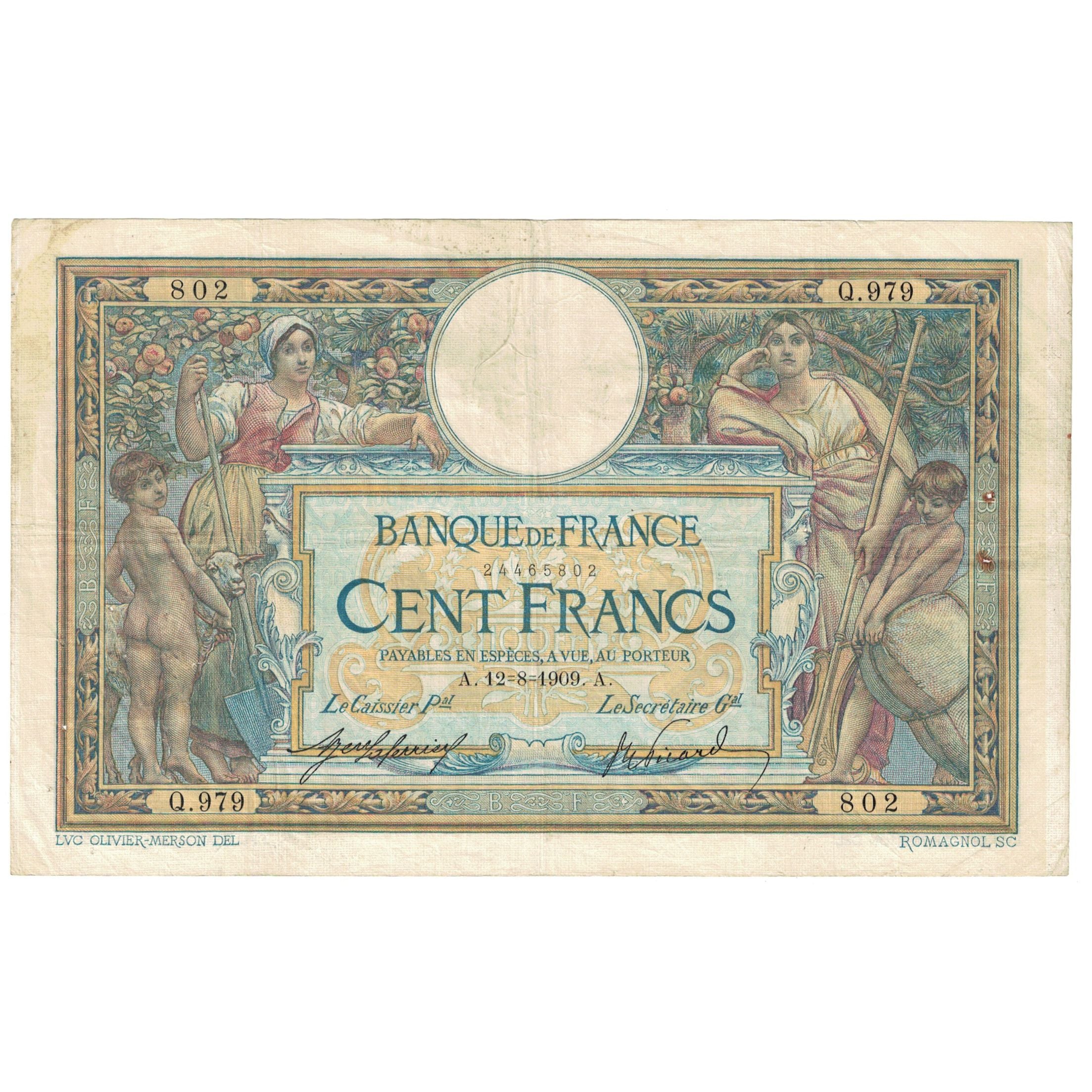 Frankrijk, 100 Francs, Luc Olivier Merson, 1909, Q.979, TB+, Fayette:23.01