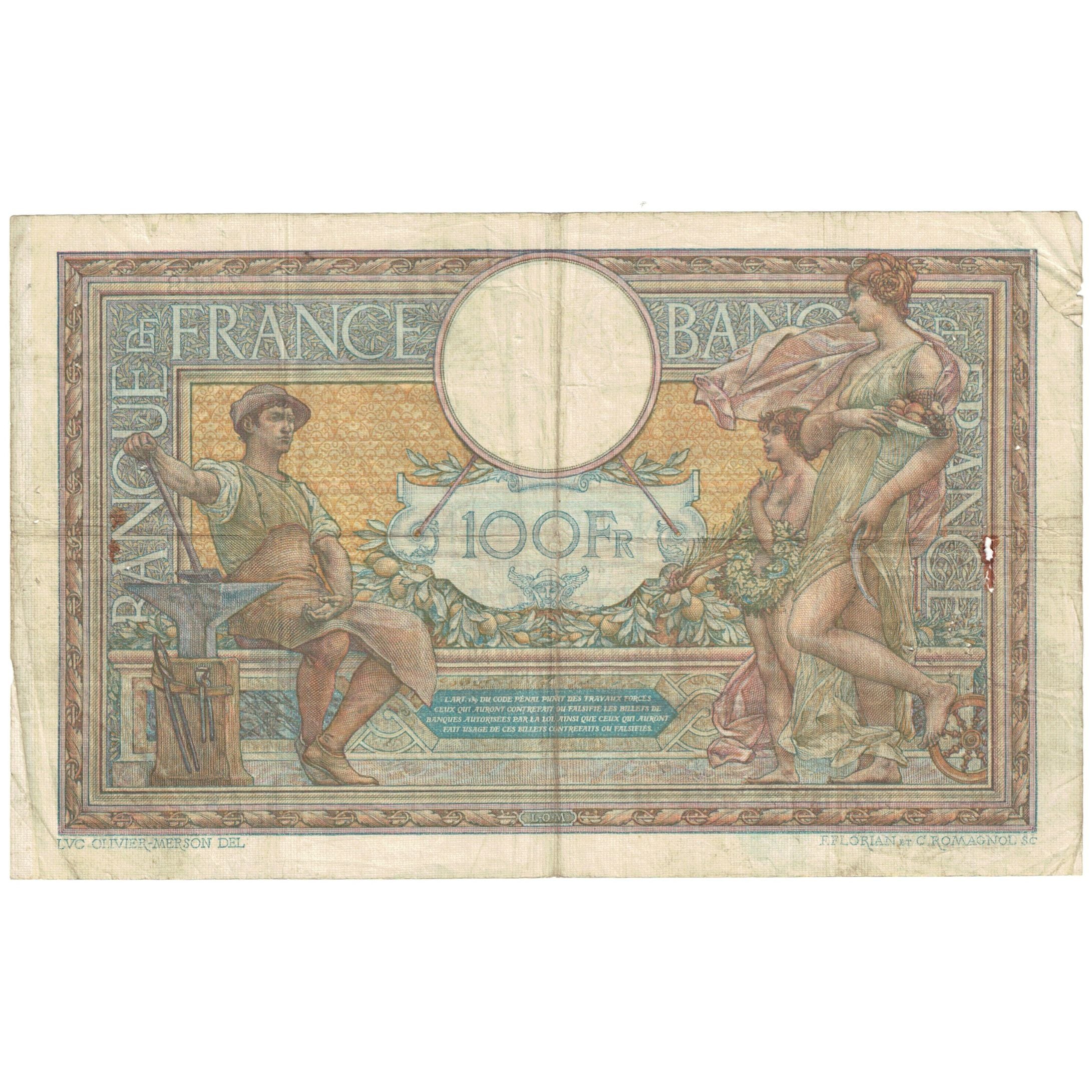 France, 100 Francs, Luc Olivier Merson, 1909, Z.888, VF(20-25), Fayette:23.01