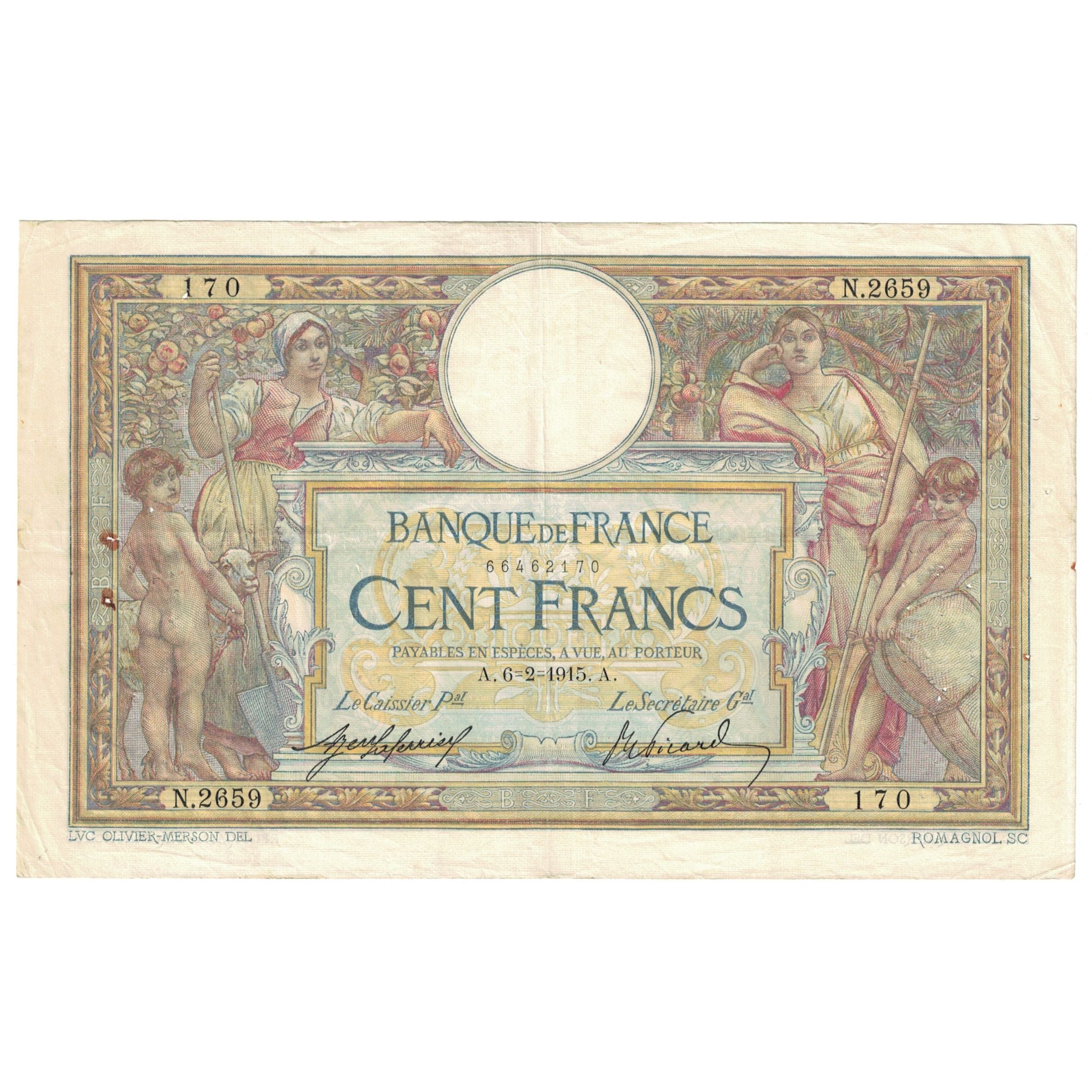France, 100 Francs, Luc Olivier Merson, 1915, N.2659, TB, Fayette:23.07, KM:71a