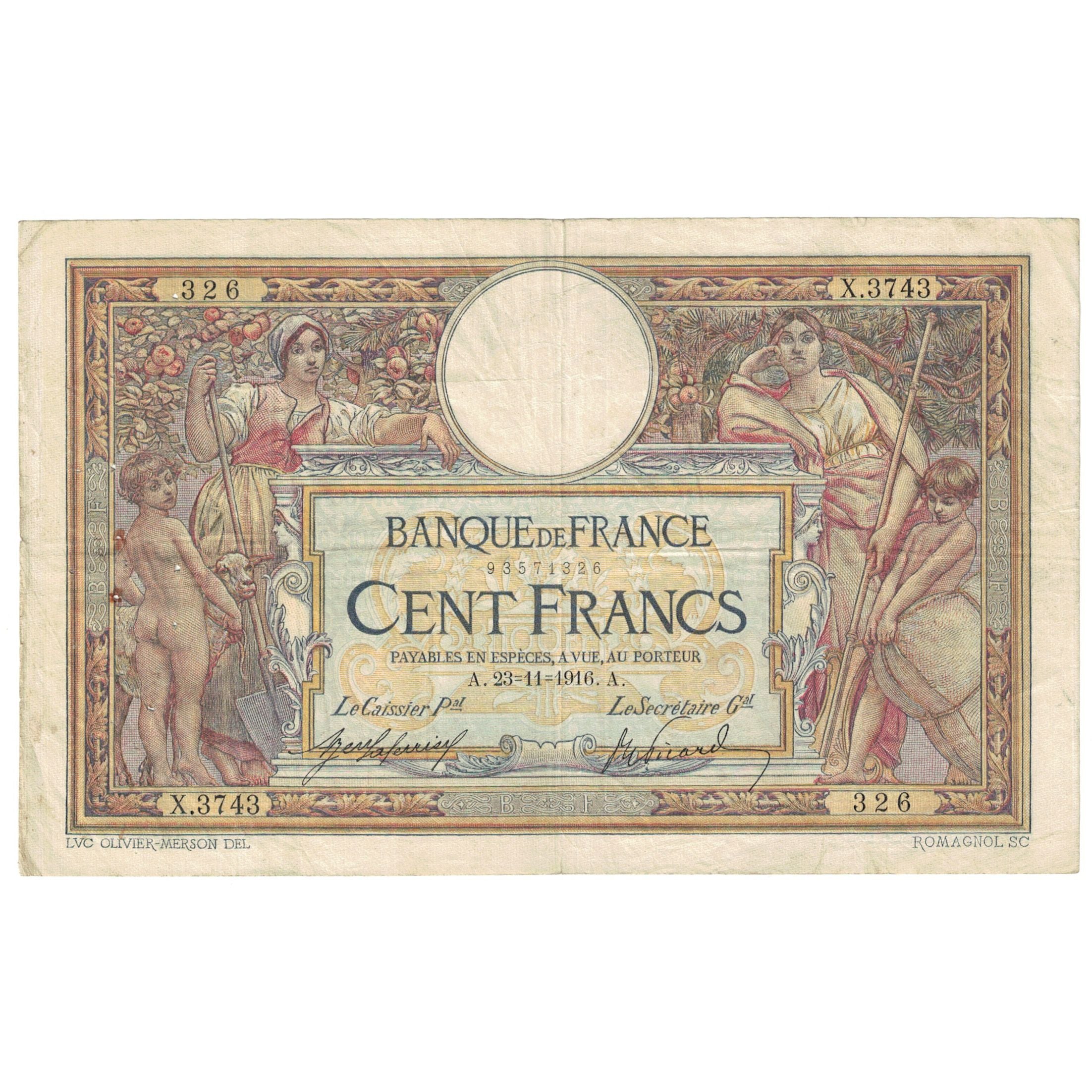 Frankreich, 100 Francs, Luc Olivier Merson, 1916, X.3743, S, Fayette:23.08