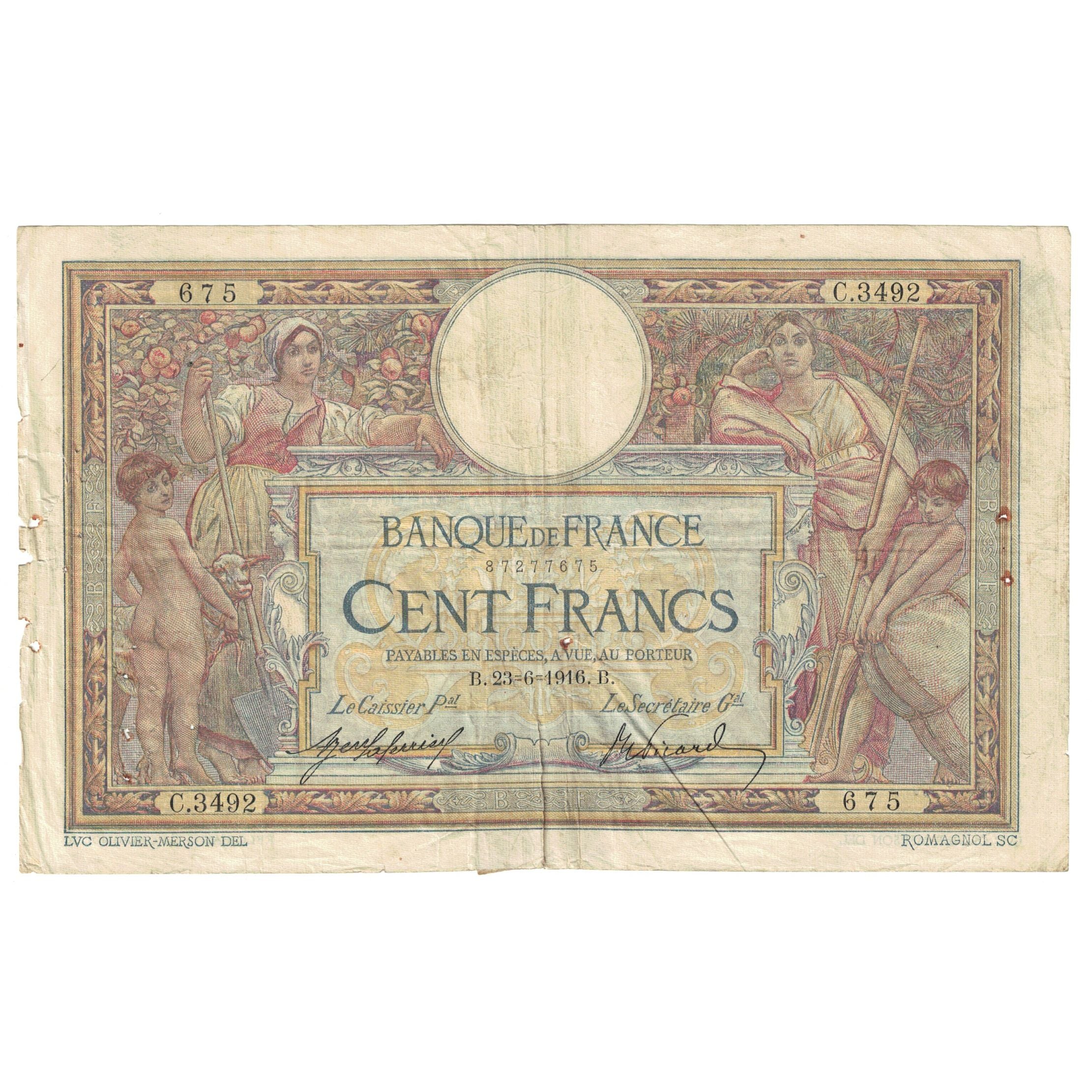France, 100 Francs, Luc Olivier Merson, 1916, C.3492, B, Fayette:23.08, KM:71a