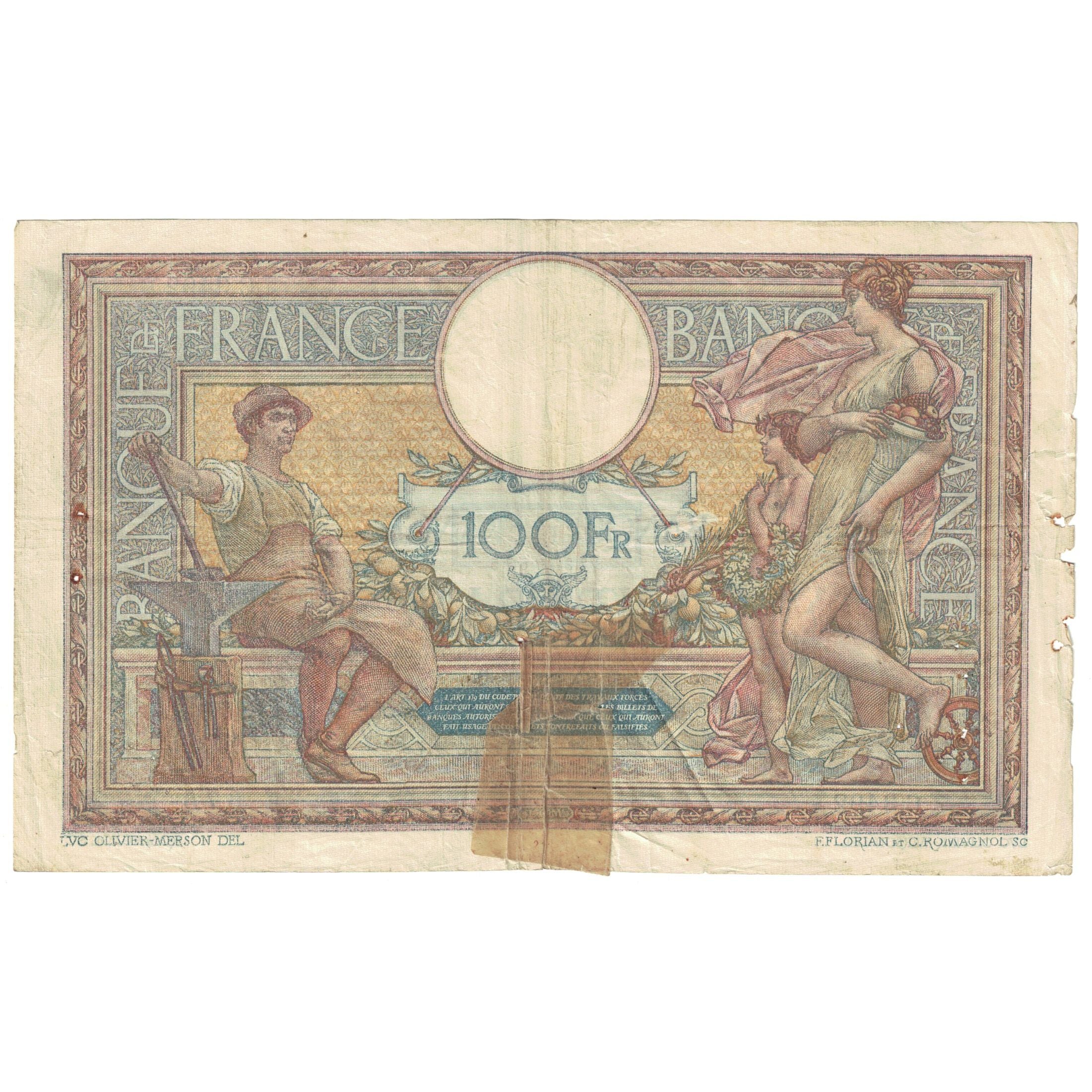 France, 100 Francs, Luc Olivier Merson, 1916, C.3492, B, Fayette:23.08, KM:71a