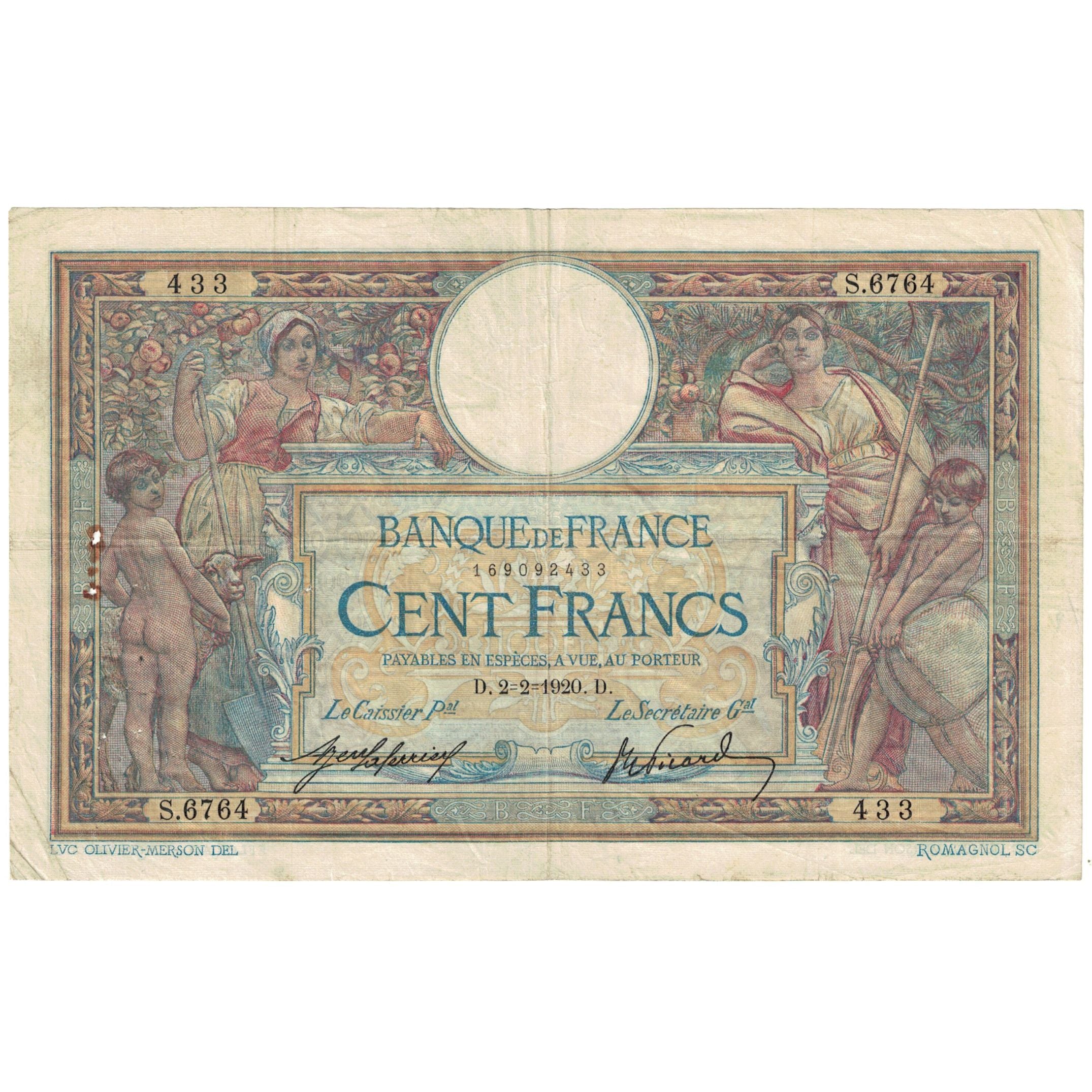France, 100 Francs, Luc Olivier Merson, 1920, S.6764, B+, Fayette:23.12, KM:71a