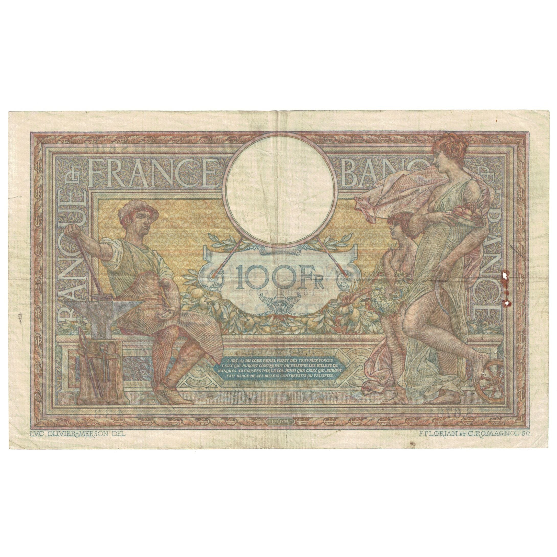 France, 100 Francs, Luc Olivier Merson, 1920, S.6764, B+, Fayette:23.12, KM:71a