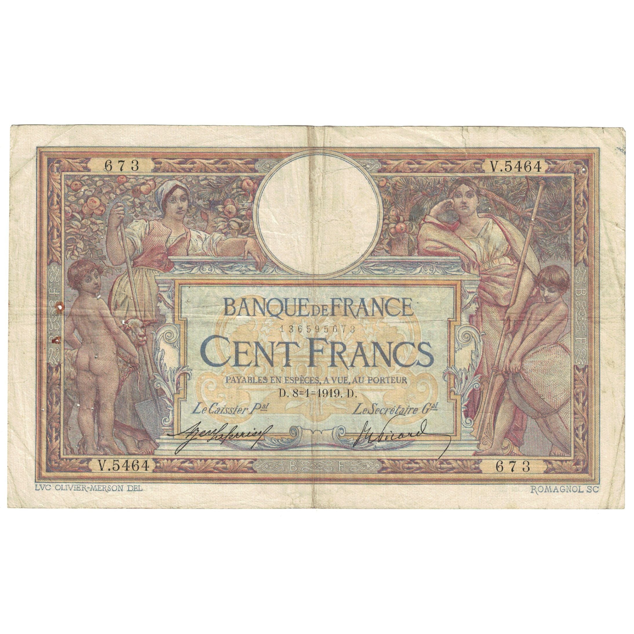Francja, 100 Francs, Luc Olivier Merson, 1919, V.5464, VG(8-10), Fayette:23.11
