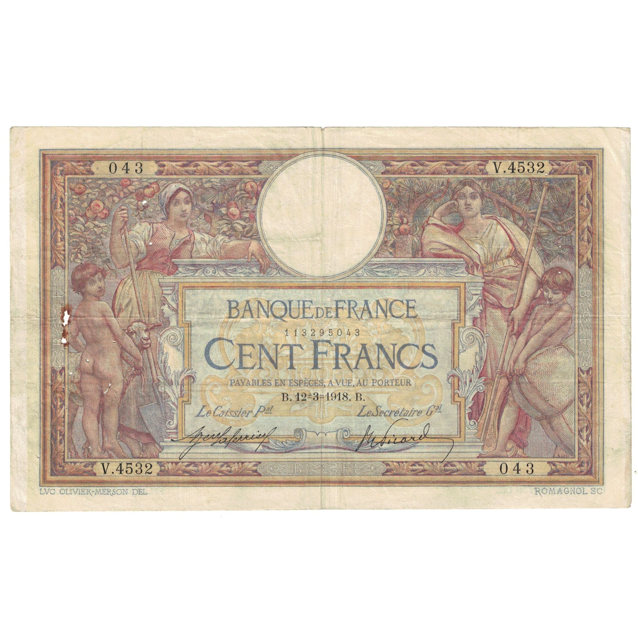 Francia, 100 Francs, Luc Olivier Merson, 1918, V.4532, B, Fayette:23.10, KM:71a