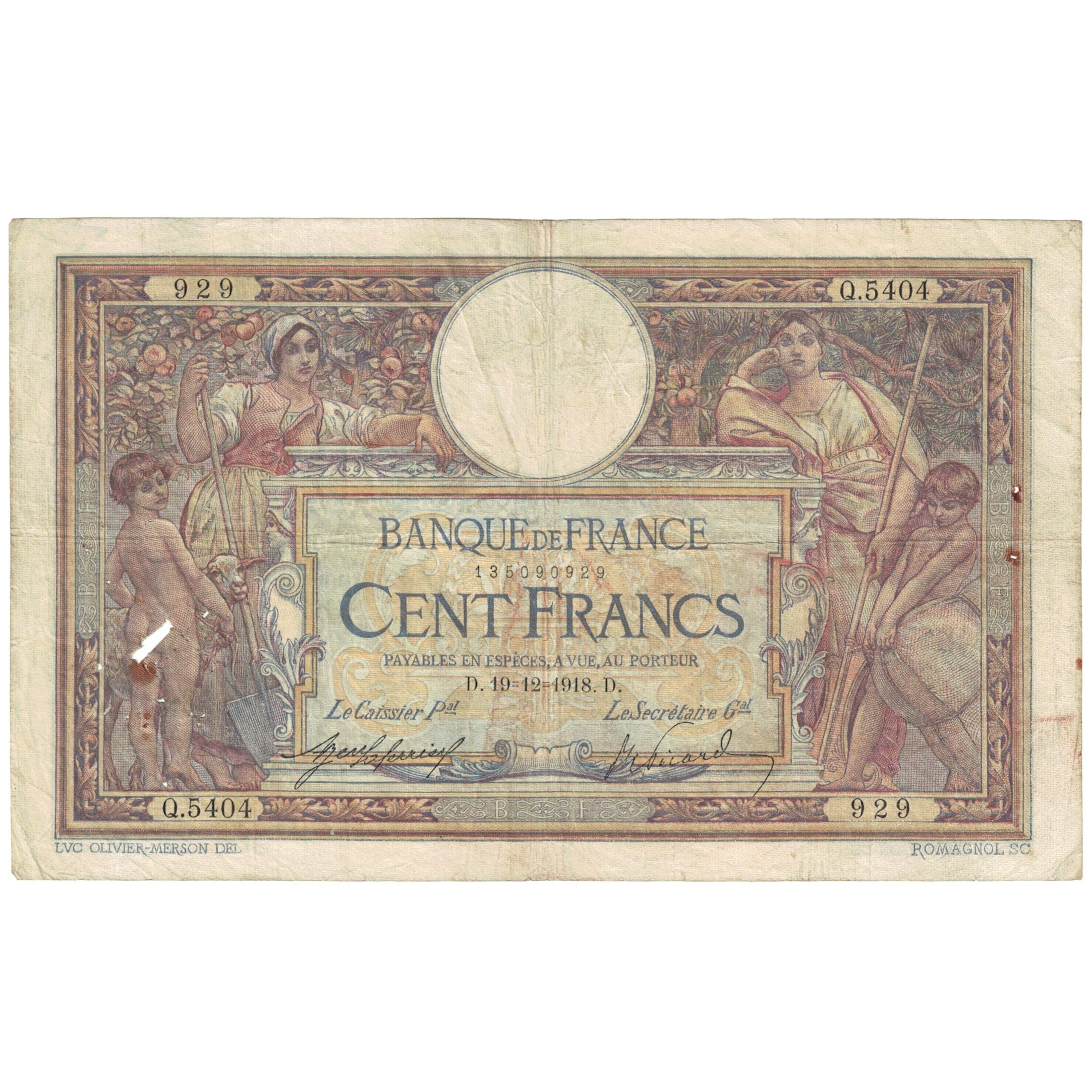 Francia, 100 Francs, Luc Olivier Merson, 1918, Q.5404, MC, Fayette:23.10, KM:71a