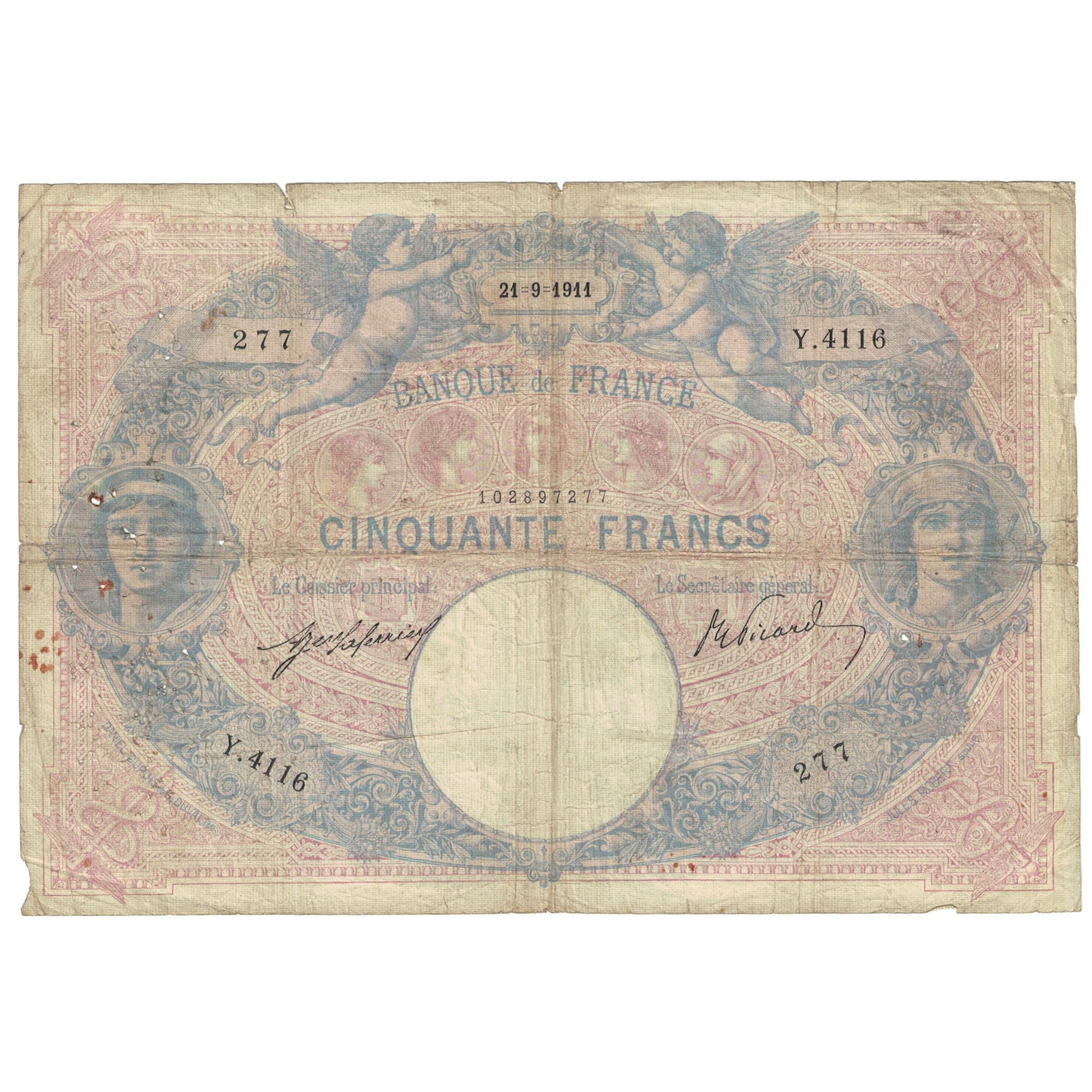 France, 50 Francs, Bleu et Rose, 1921, Y.4116, VG(8-10), Fayette:14.24, KM:64e