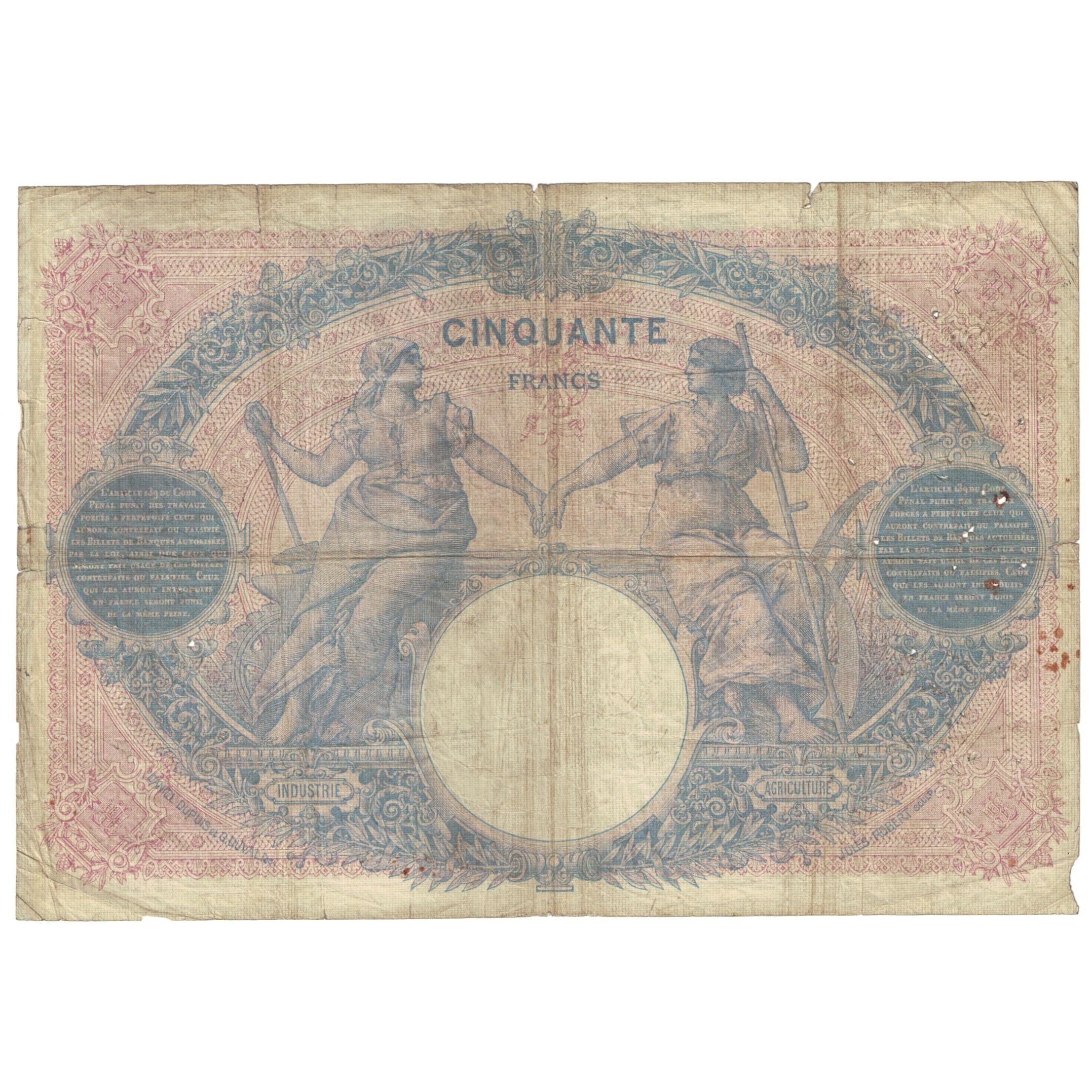 France, 50 Francs, Bleu et Rose, 1921, Y.4116, VG(8-10), Fayette:14.24, KM:64e