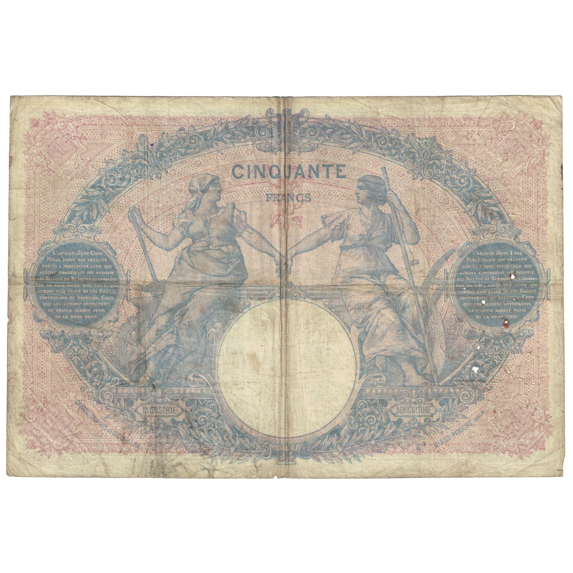 France, 50 Francs, Bleu et Rose, 1911, Q.4153, VG(8-10), Fayette:14.24, KM:64e