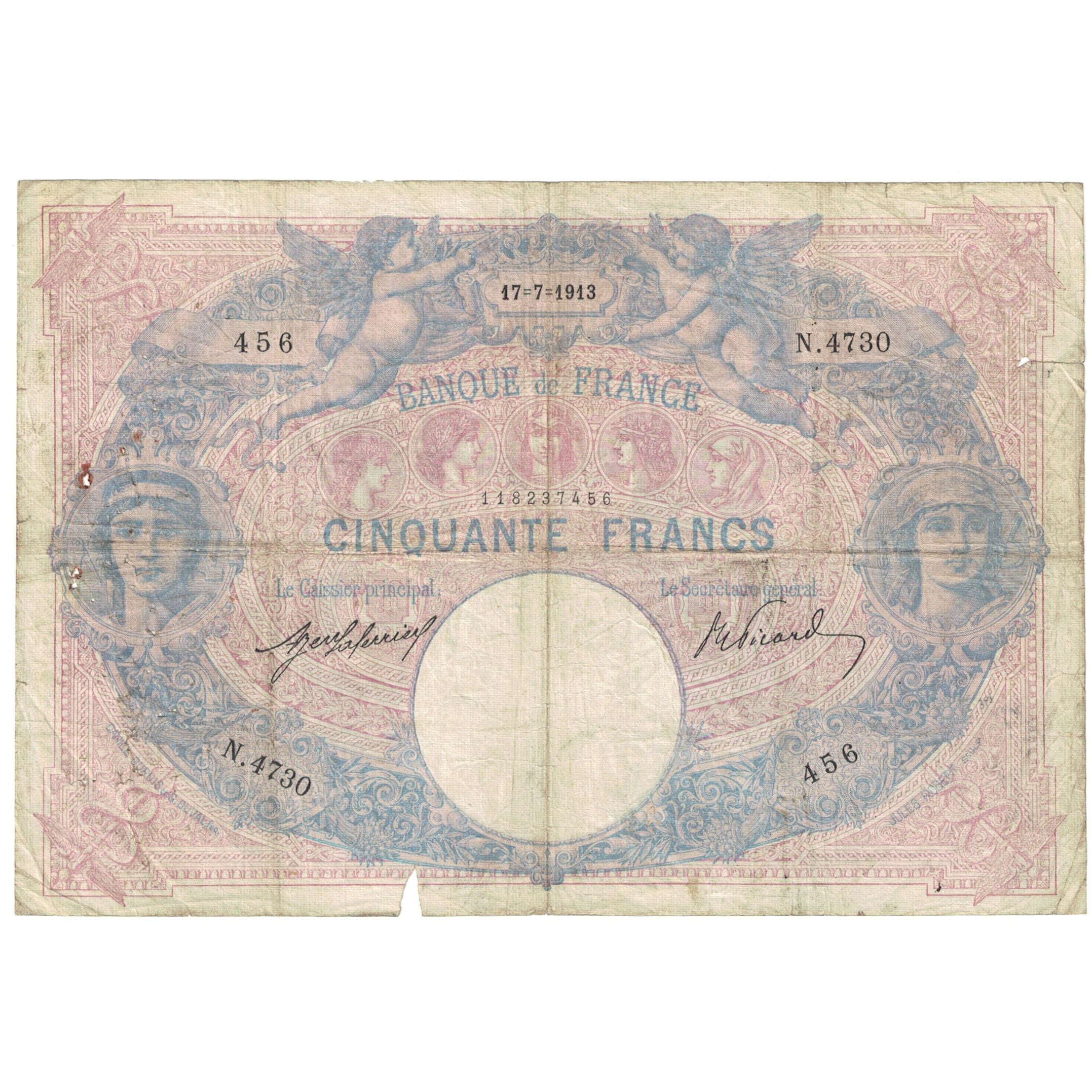 Francia, 50 Francs, Bleu et Rose, 1913, N.4730, B, Fayette:14.26, KM:64e