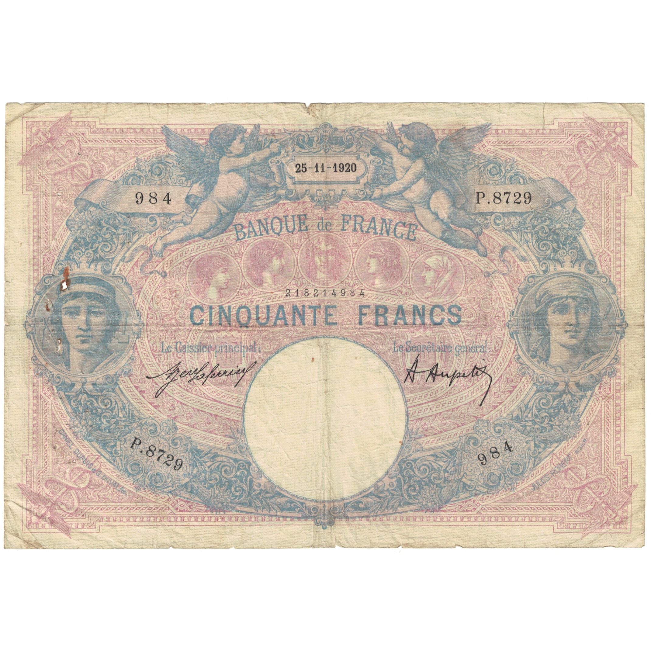France, 50 Francs, Bleu et Rose, 1920, P.8729, F(12-15), Fayette:14.33, KM:64f