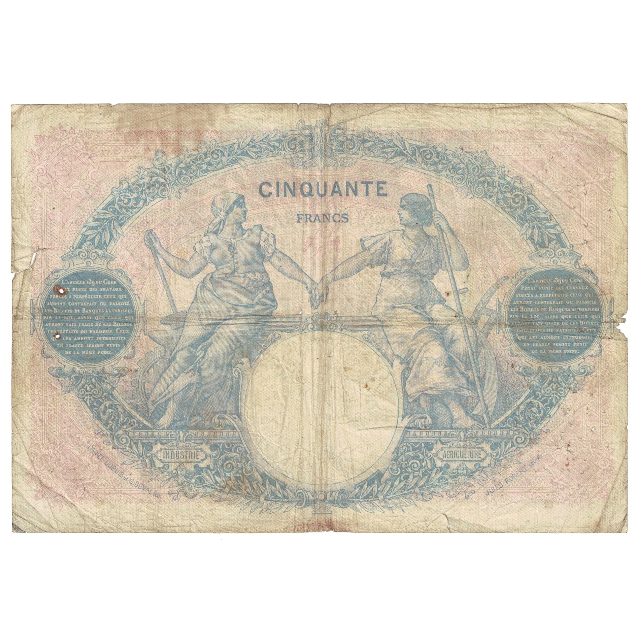 France, 50 Francs, Bleu et Rose, 1923, U.10129, VG(8-10), Fayette:14.36, KM:64g