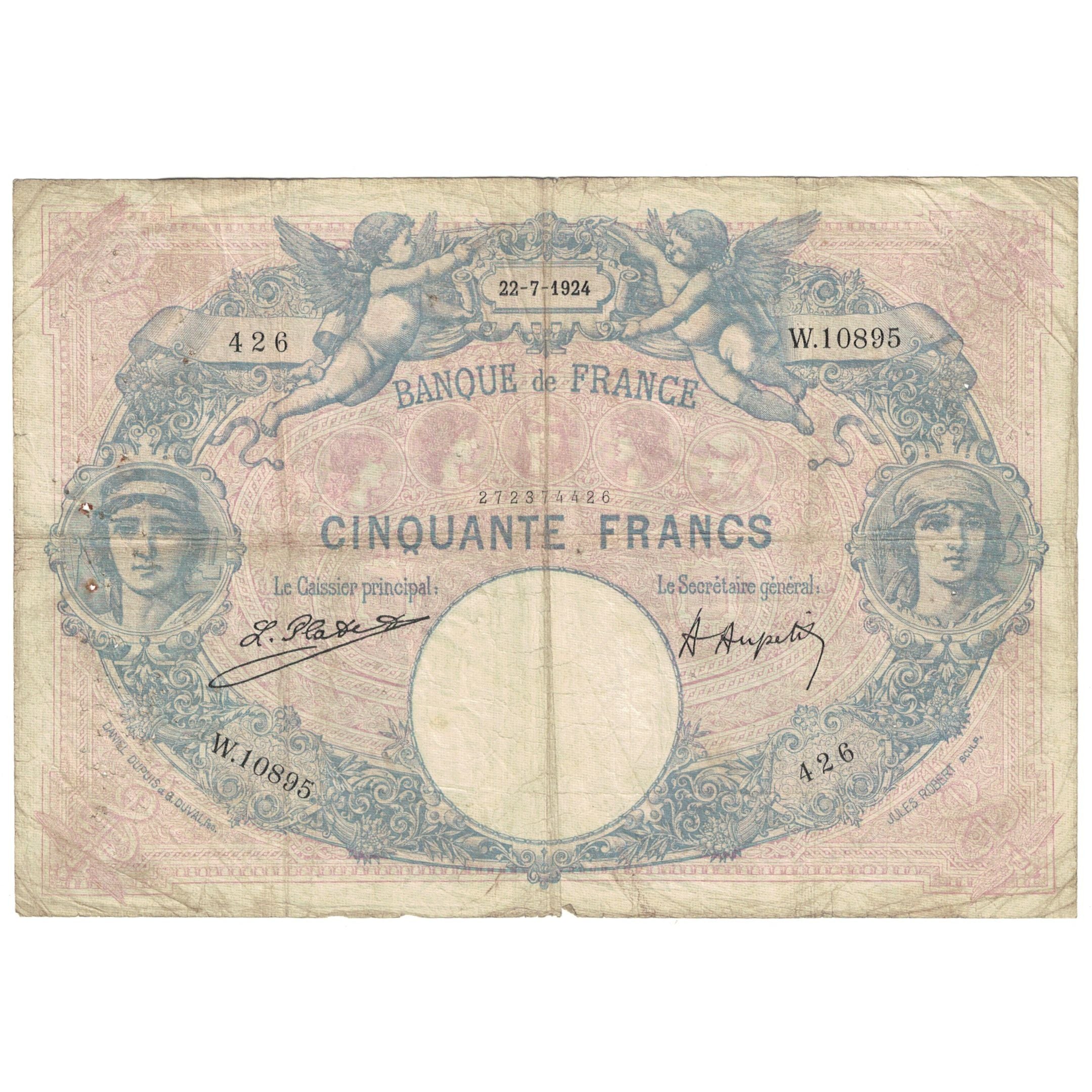 France, 50 Francs, Bleu et Rose, 1924, W.10895, VG(8-10), Fayette:14.37, KM:64g