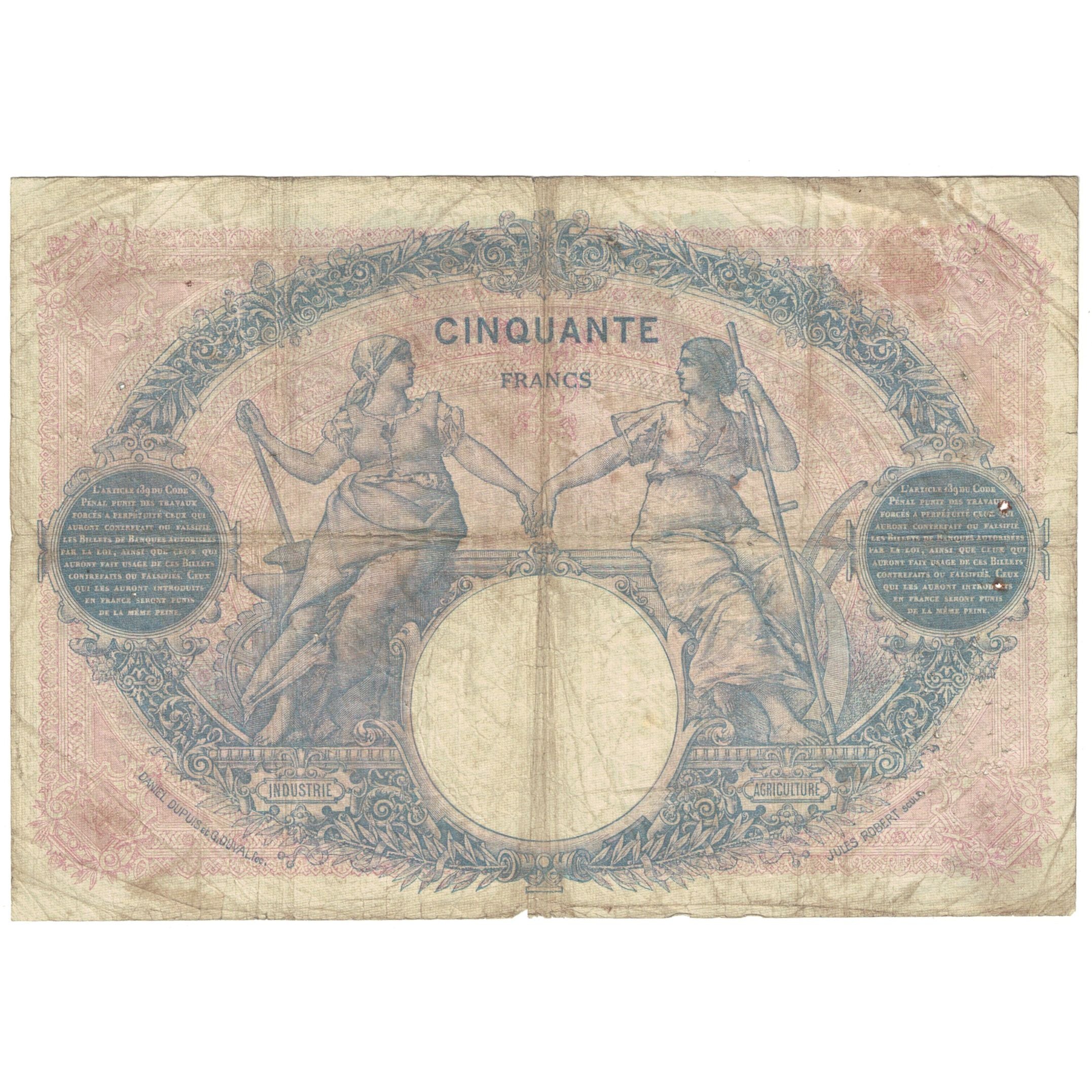 France, 50 Francs, Bleu et Rose, 1924, W.10895, VG(8-10), Fayette:14.37, KM:64g