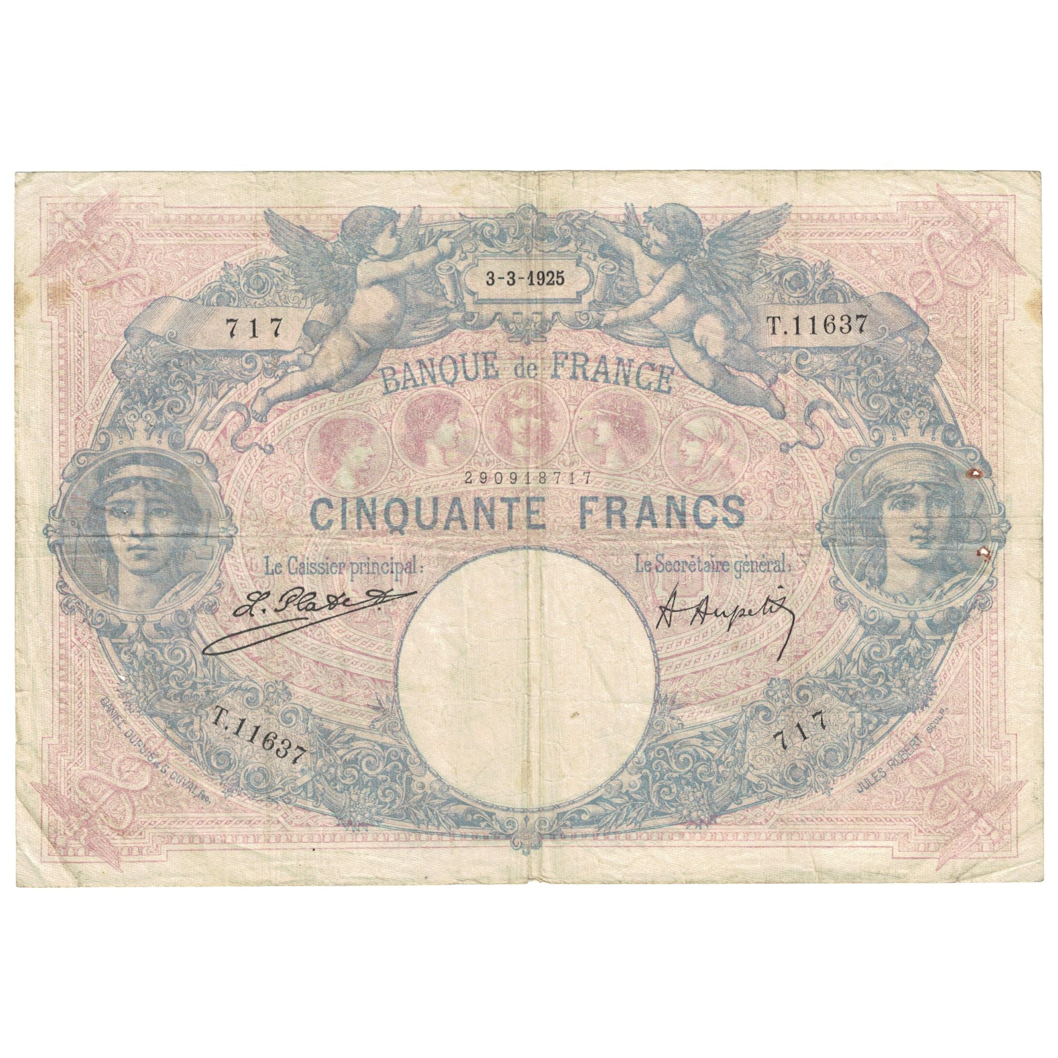 France, 50 Francs, Bleu et Rose, 1925, T.11637, VF(20-25), Fayette:14.38, KM:64g