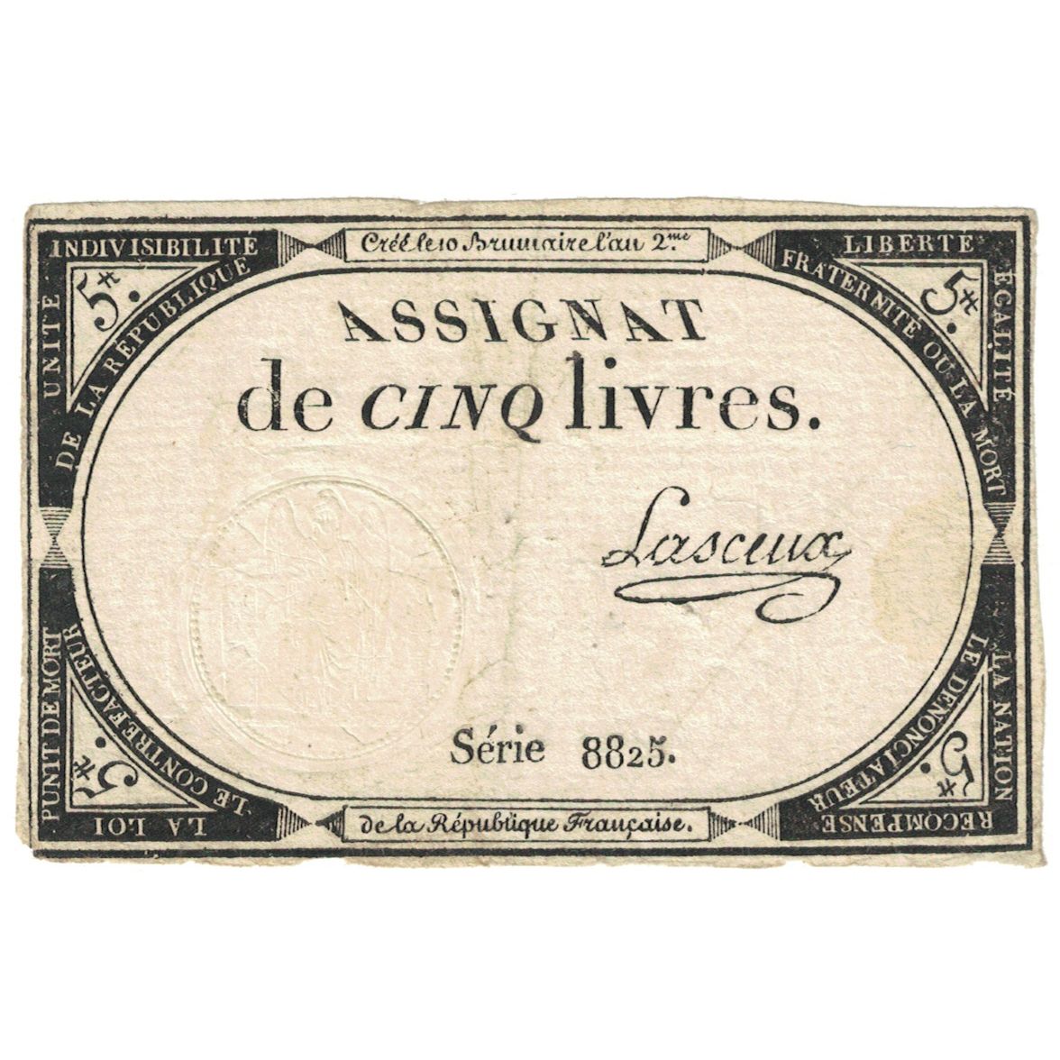 France, 5 Livres, 1793, Serie 8825, AU(55-58), KM:A76