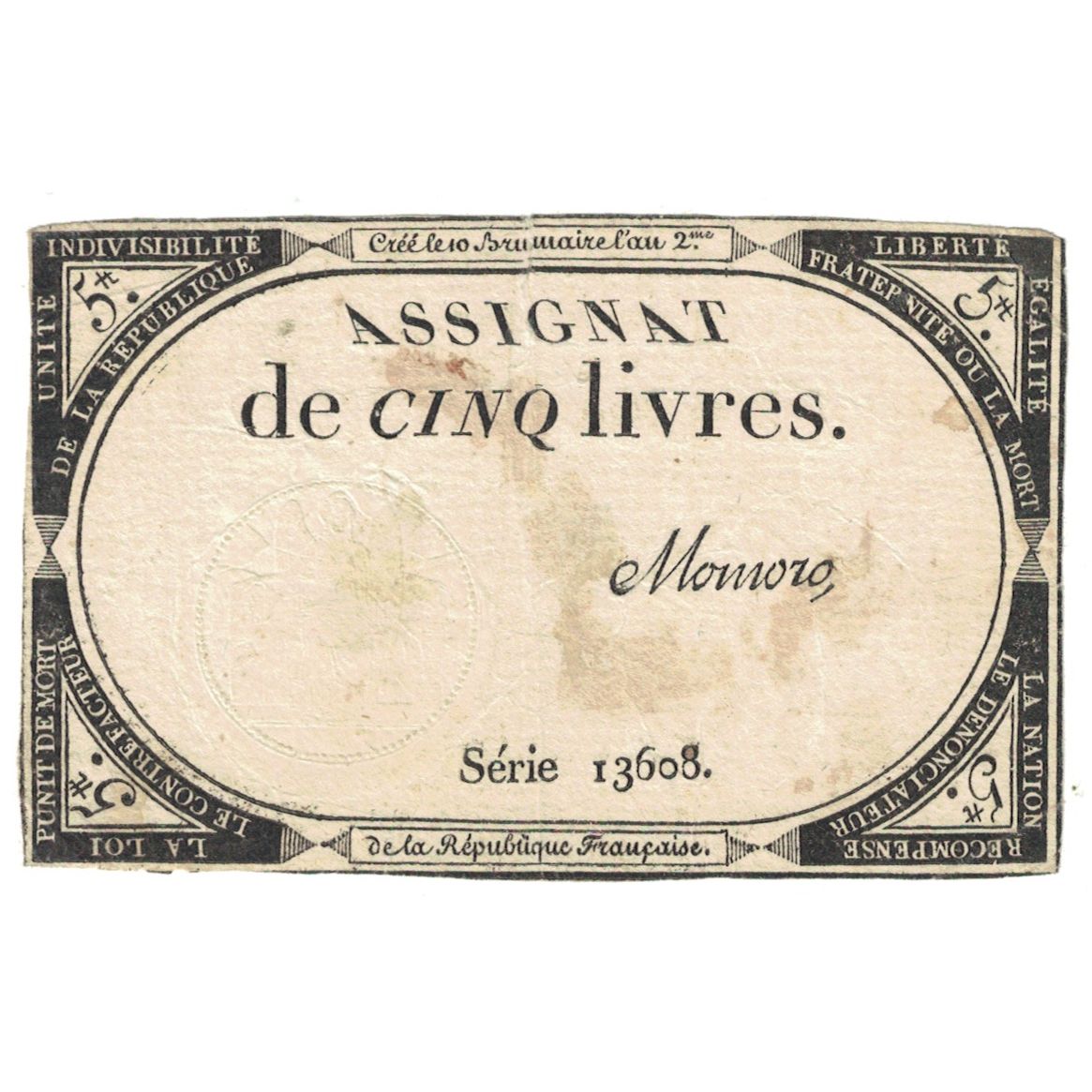 France, 5 Livres, 1793, Serie 13608, EF(40-45), KM:A76